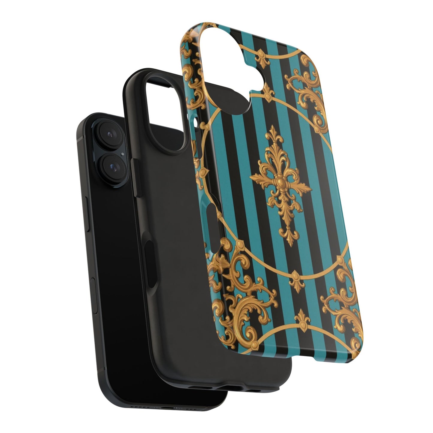 Elegant Turquoise & Black Striped Gold Baroque Phone Case, Tough Phone Cases for Fashion Lovers, Gift for Her, Luxury Accessories