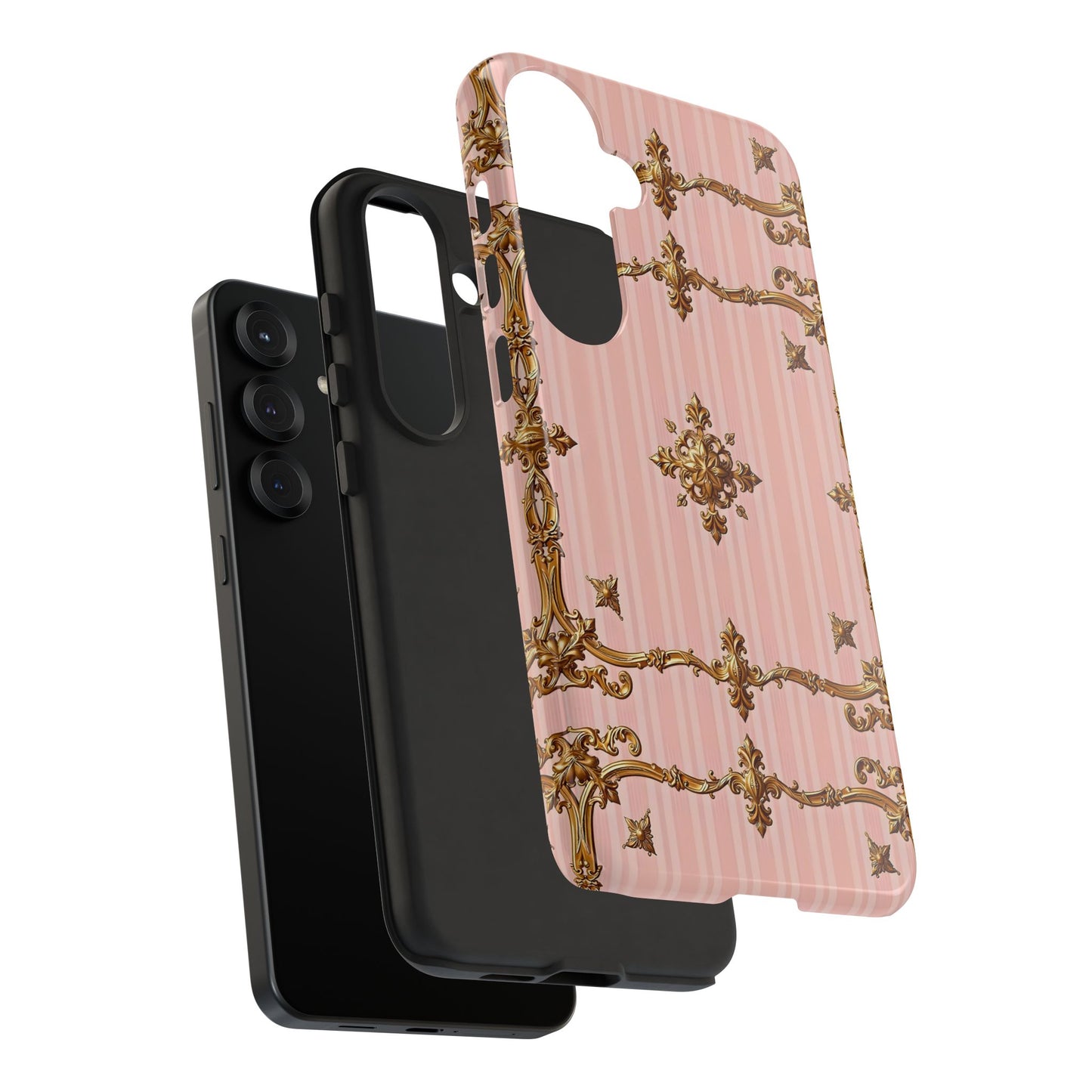 Elegant Floral Phone Case, Tough Cases for Women, Trendy Phone Cover, Chic Gift - Pink Striped Gold Baroque