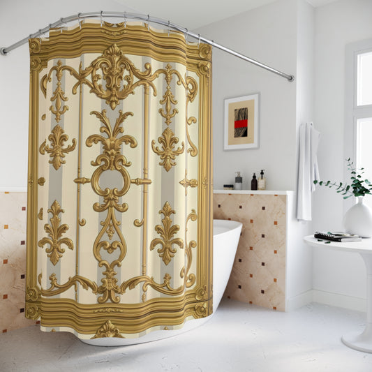 Elegant Vintage Shower Curtain, Luxurious Bathroom Decor, Gold Floral Design, Home Decoration - Matte Gray & Cream Striped Gold Baroque
