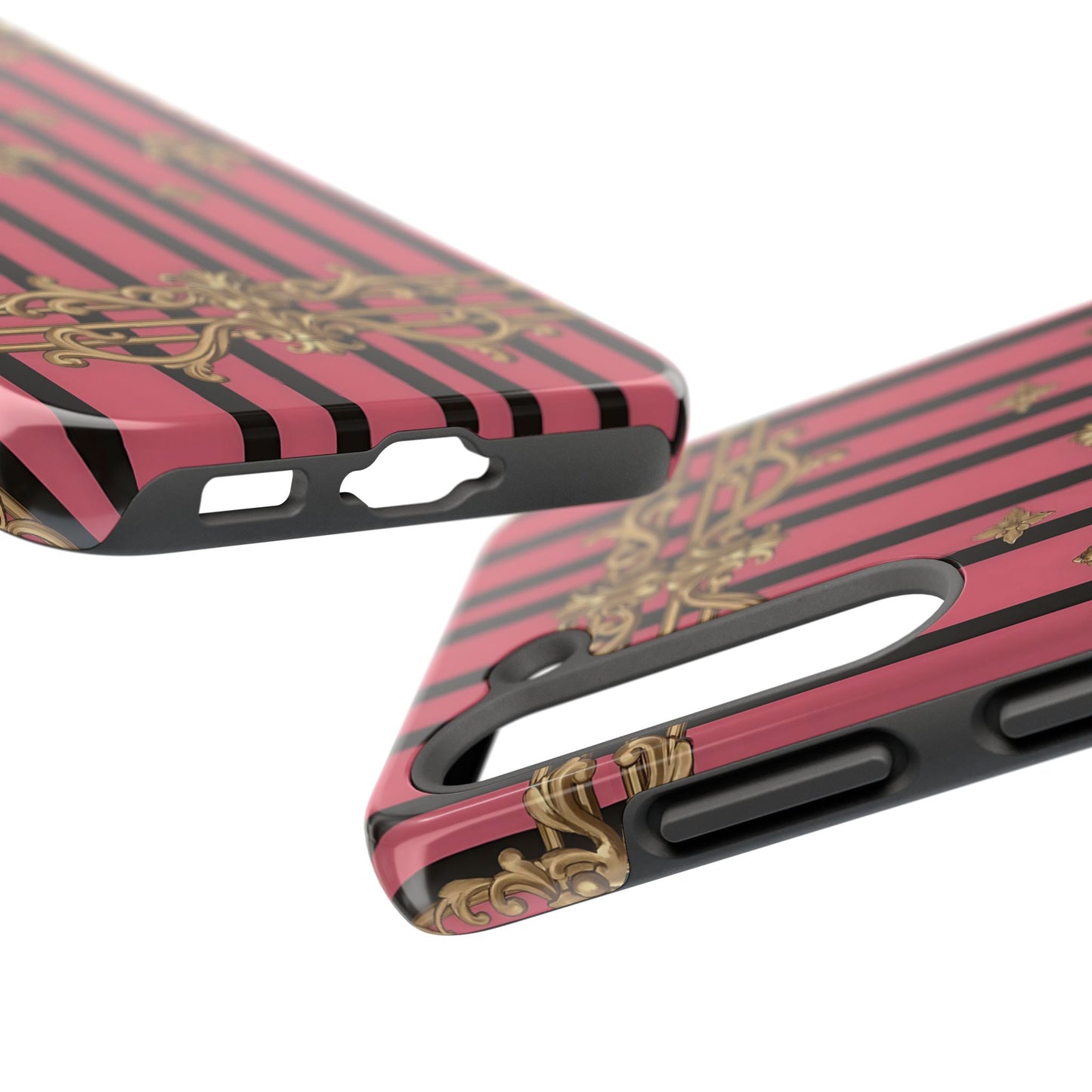 Elegant Floral Phone Cases, Stylish Protective Case for Trendy Individuals, Unique Gift for Tech Lovers, Phone Accessories - Pink Striped Gold Rococo