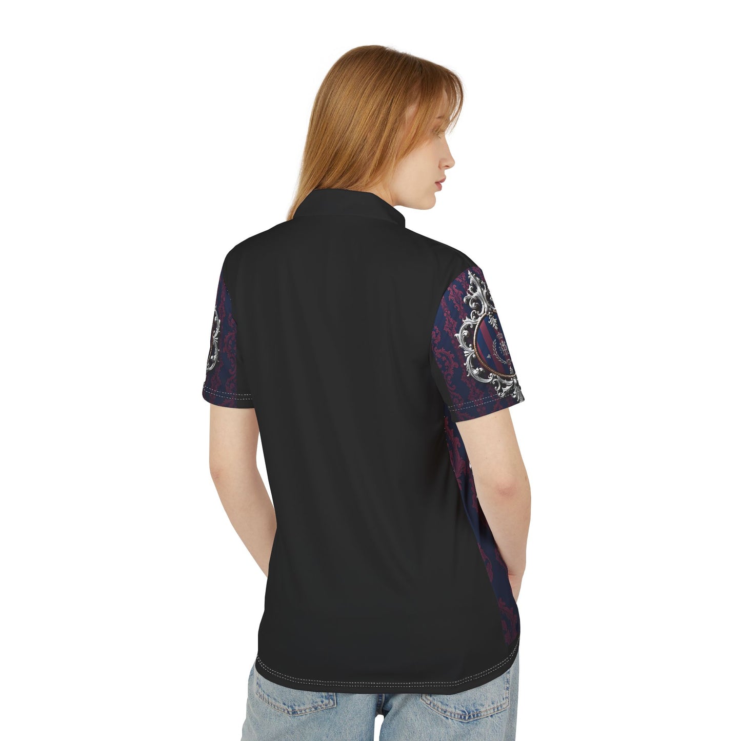 Elegant Unisex Polo Shirt with Regal Design, Casual Fashion, Gift for Men & Women, Everyday Wear, Unique Style - Blue & Plum Striped Silver Crest