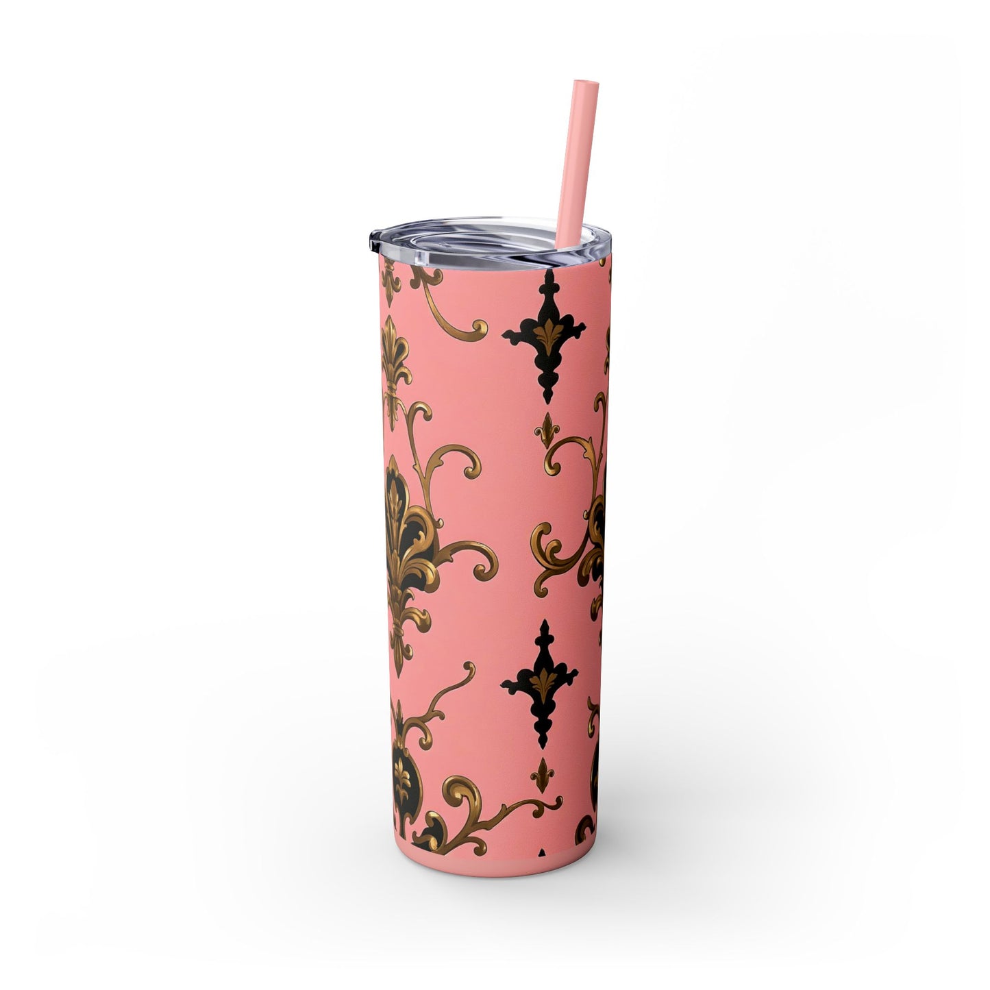 Elegant Pink Damask Skinny Tumbler, 20oz Drinkware, Stylish Reusable Cup, Travel Mug, Gift for Her, Home Decor - Pink, Black & Gold Rococo