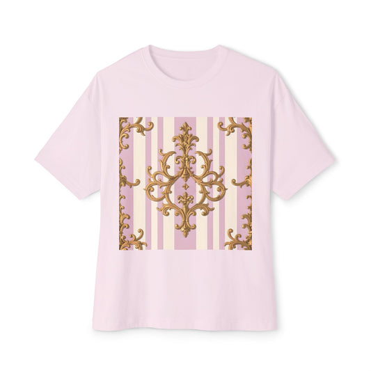 Chic Oversized Boxy Tee for Stylish Comfort, Casual Wear, Graphic Tee, Trendy Fashion, Gifts for Her - Lilac & Alabaster Striped Gold Baroque