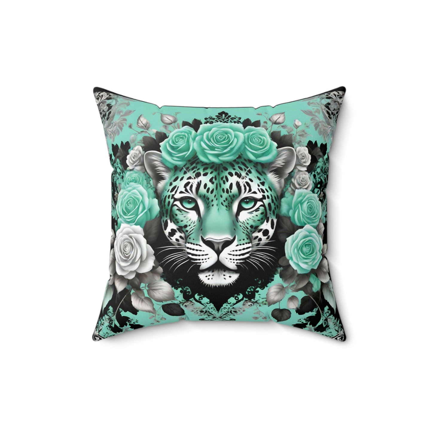 Floral Leopard Print Square Pillow – Chic Home Decor Accent - Mint Green Leopard