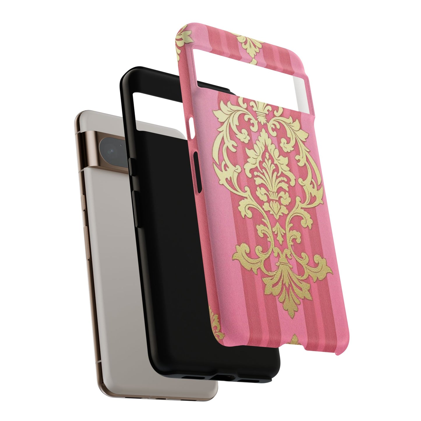 Elegant Floral Motif Phone Case - Tough Cases with Vintage Design - Pink Striped Damask