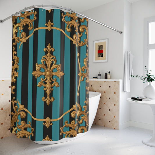 Elegant Turquoise & Black Striped Gold Baroque Shower Curtain, Luxurious Bathroom Decor, Vintage Style, Gift for New Homeowners