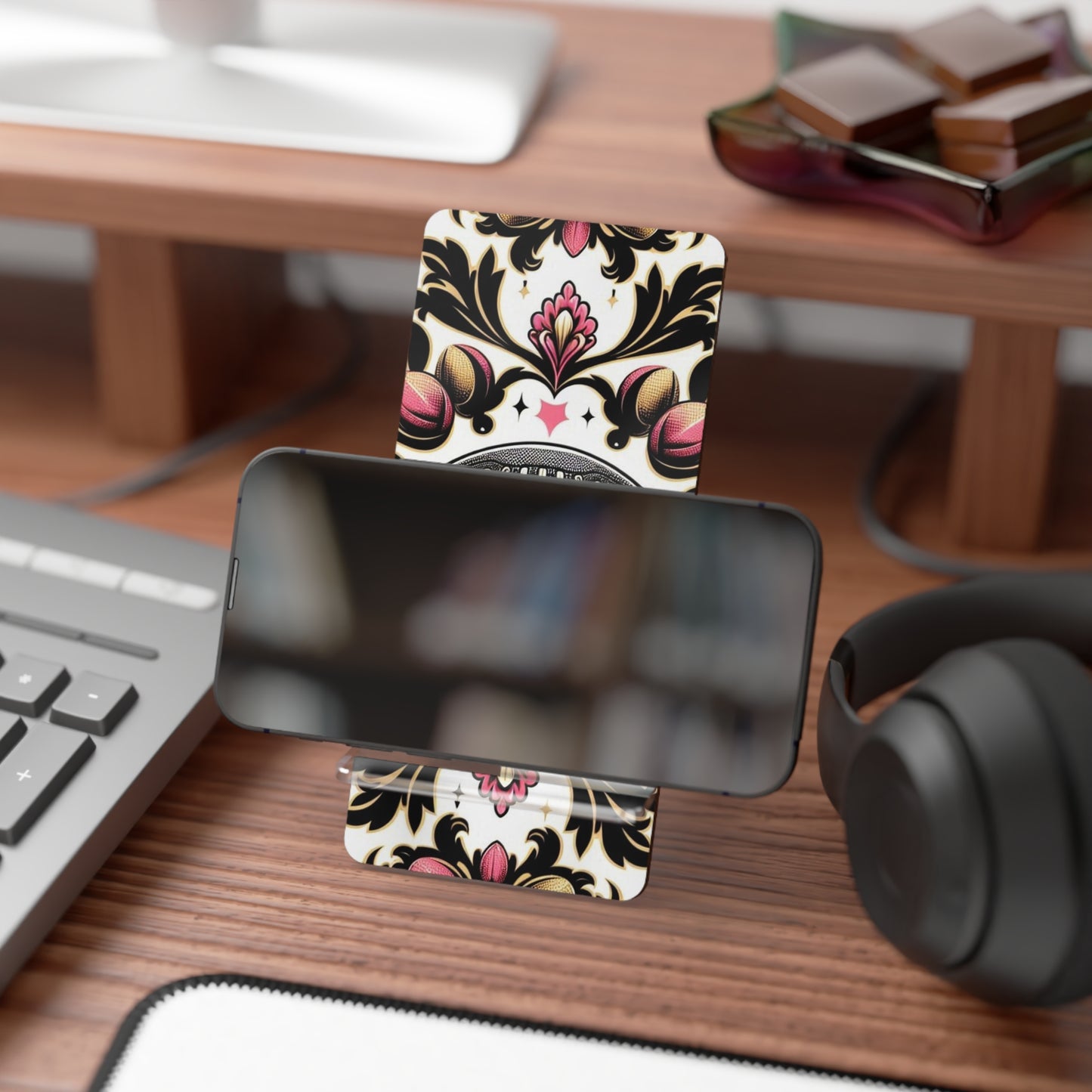 Elegant Floral Motif Smartphone Display Stand - Damask Pink, Gold & Black Football - Decorative Mobile Holder
