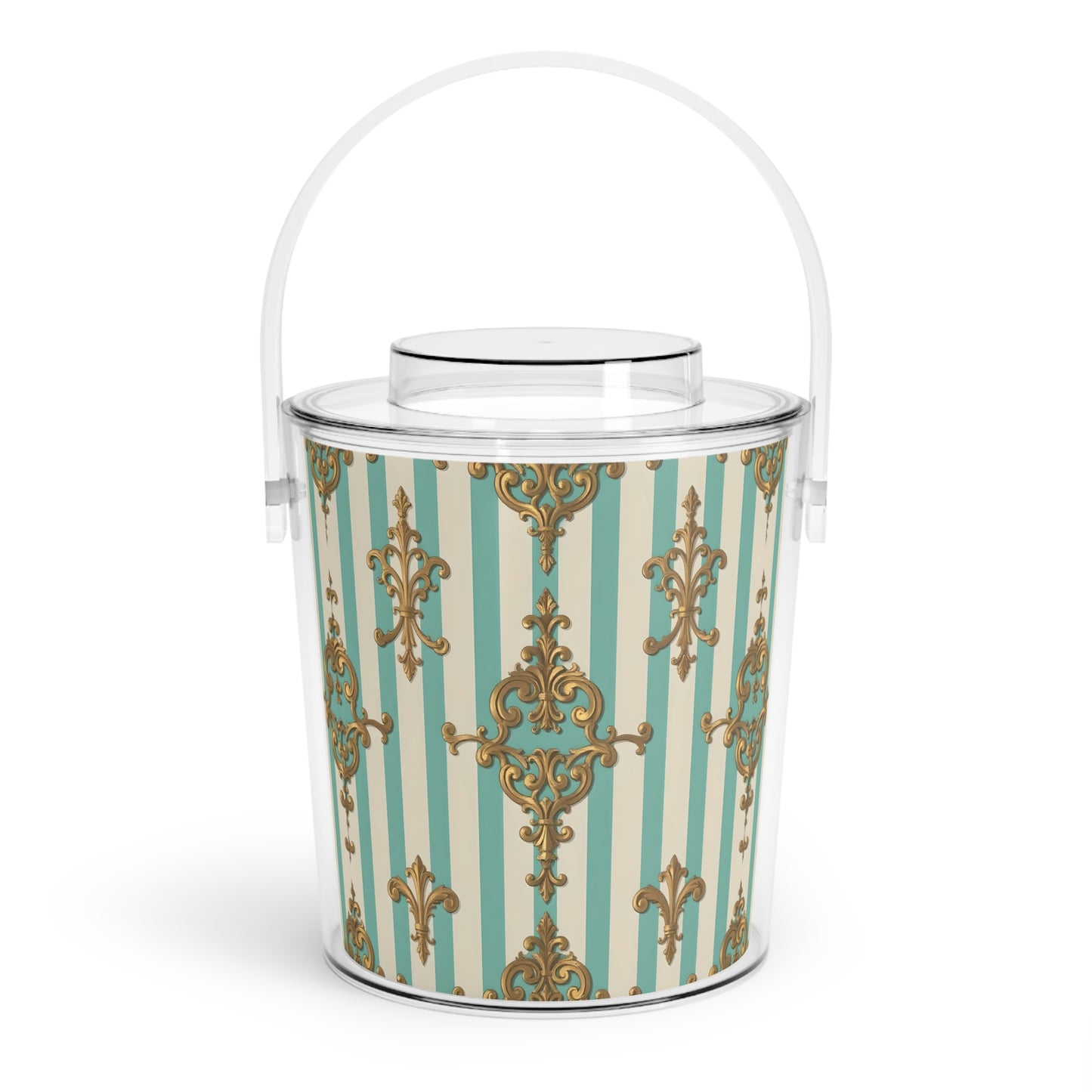 Elegant Decorative Ice Bucket with Tongs, Party Barware, Wedding Gift, Home Décor, Cocktail Accessory - Matte Green Striped Rococo