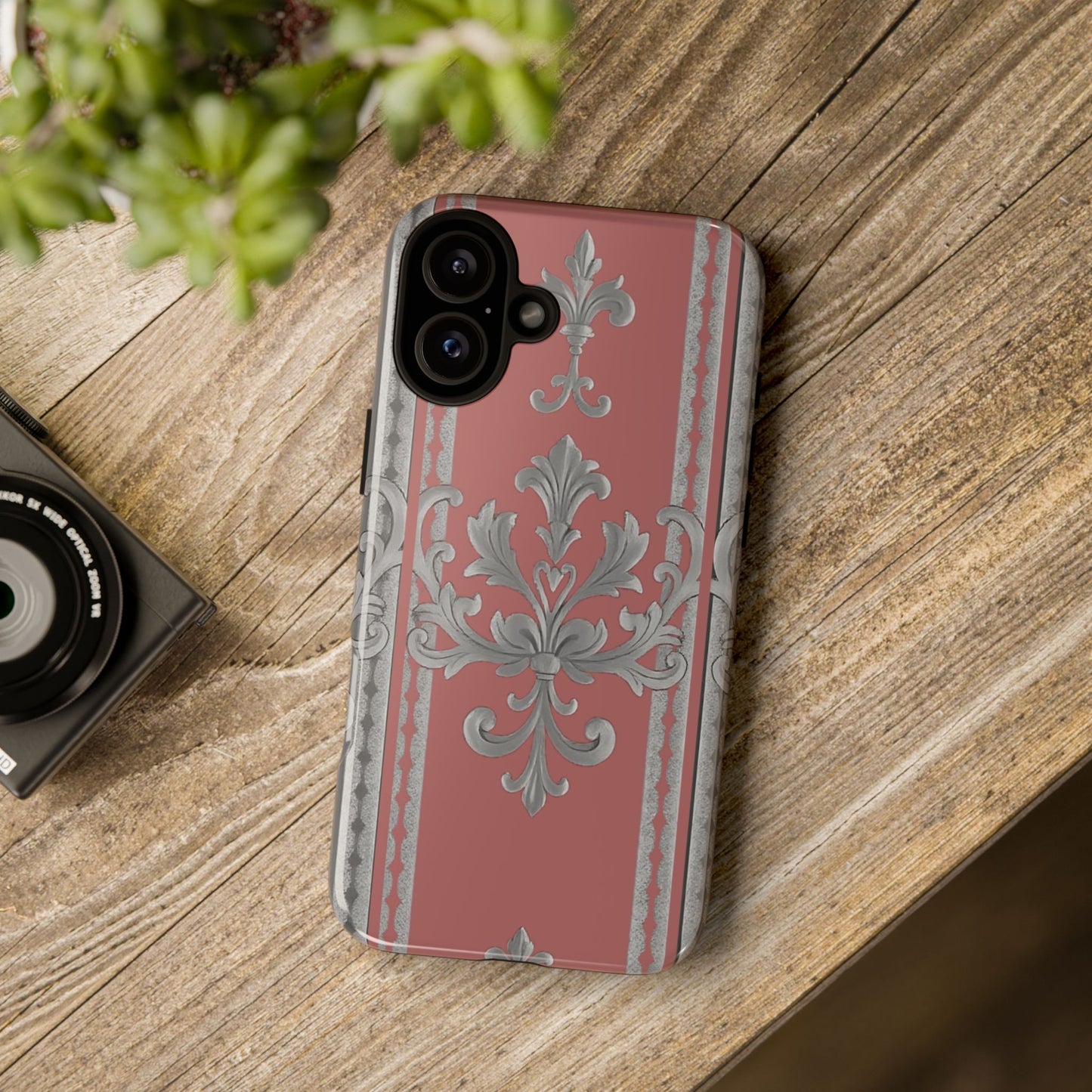 Elegant Floral Phone Case - Tough Cases for Stylish Protection - Gray & Mauve Striped Baroque