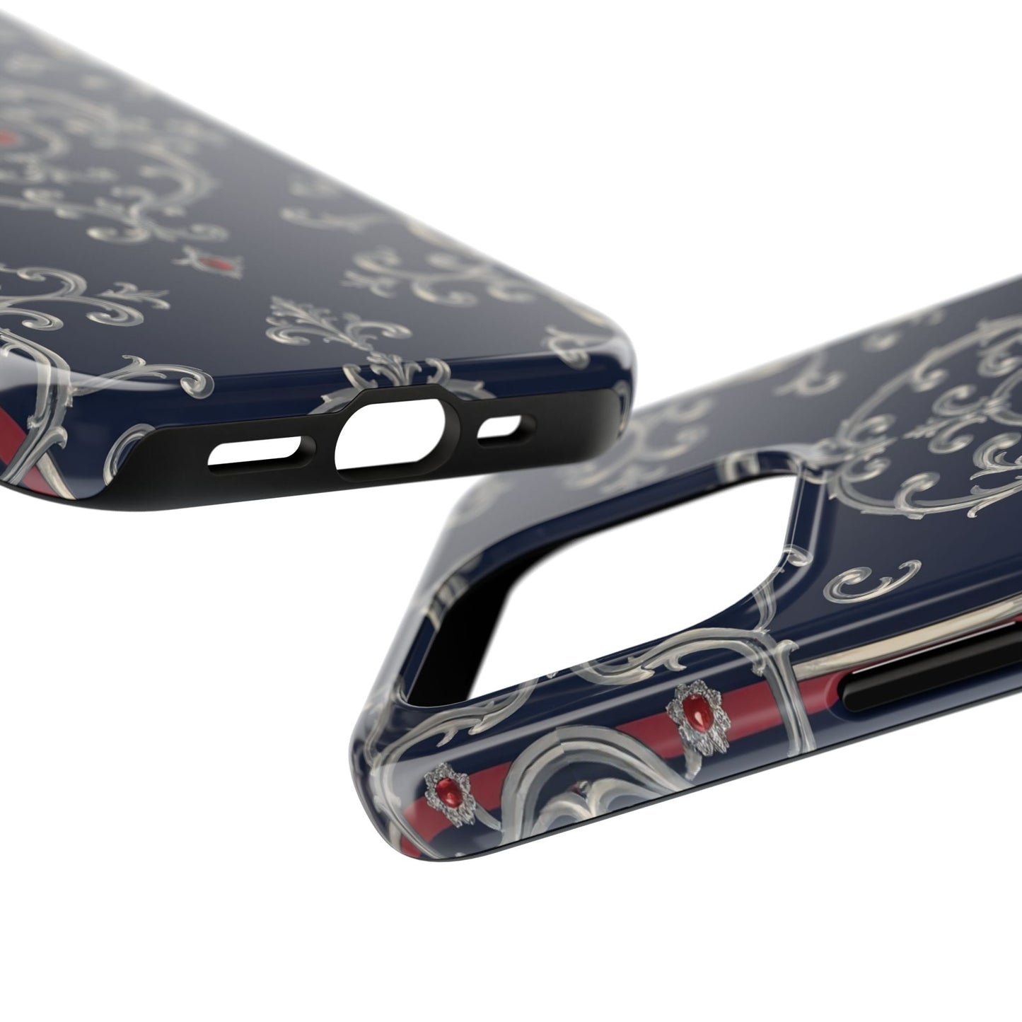 Elegant Patterned Tough Phone Cases for Stylish Protection, Gift for Her, Unique Accessories - Blue & Red Striped Silver Baroque