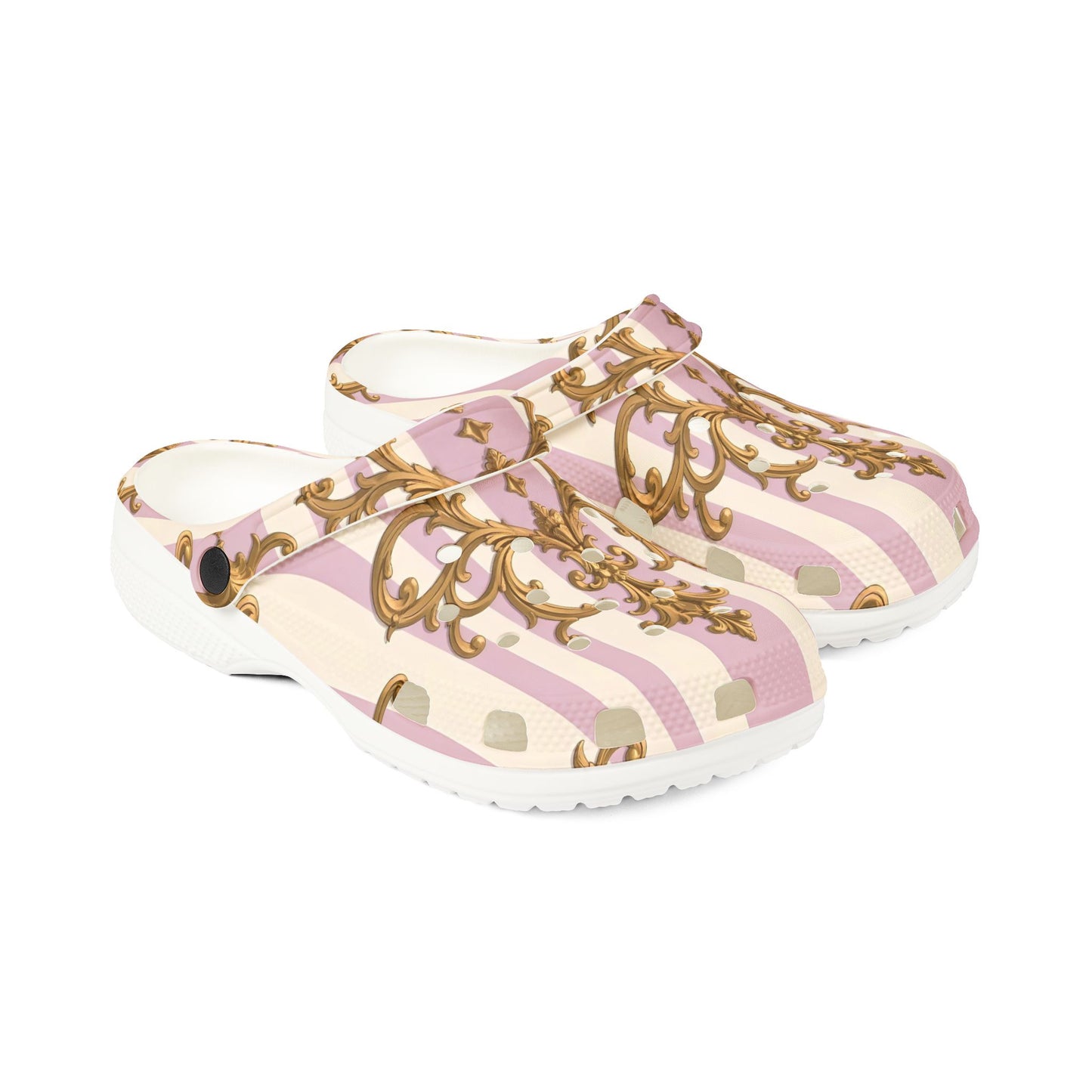 Chic Floral Clogs - Stylish EVA Foam Slip-On Shoes, Cute Garden Footwear, Comfortable Walkers - Lilac & Alabaster Striped Gold Baroque