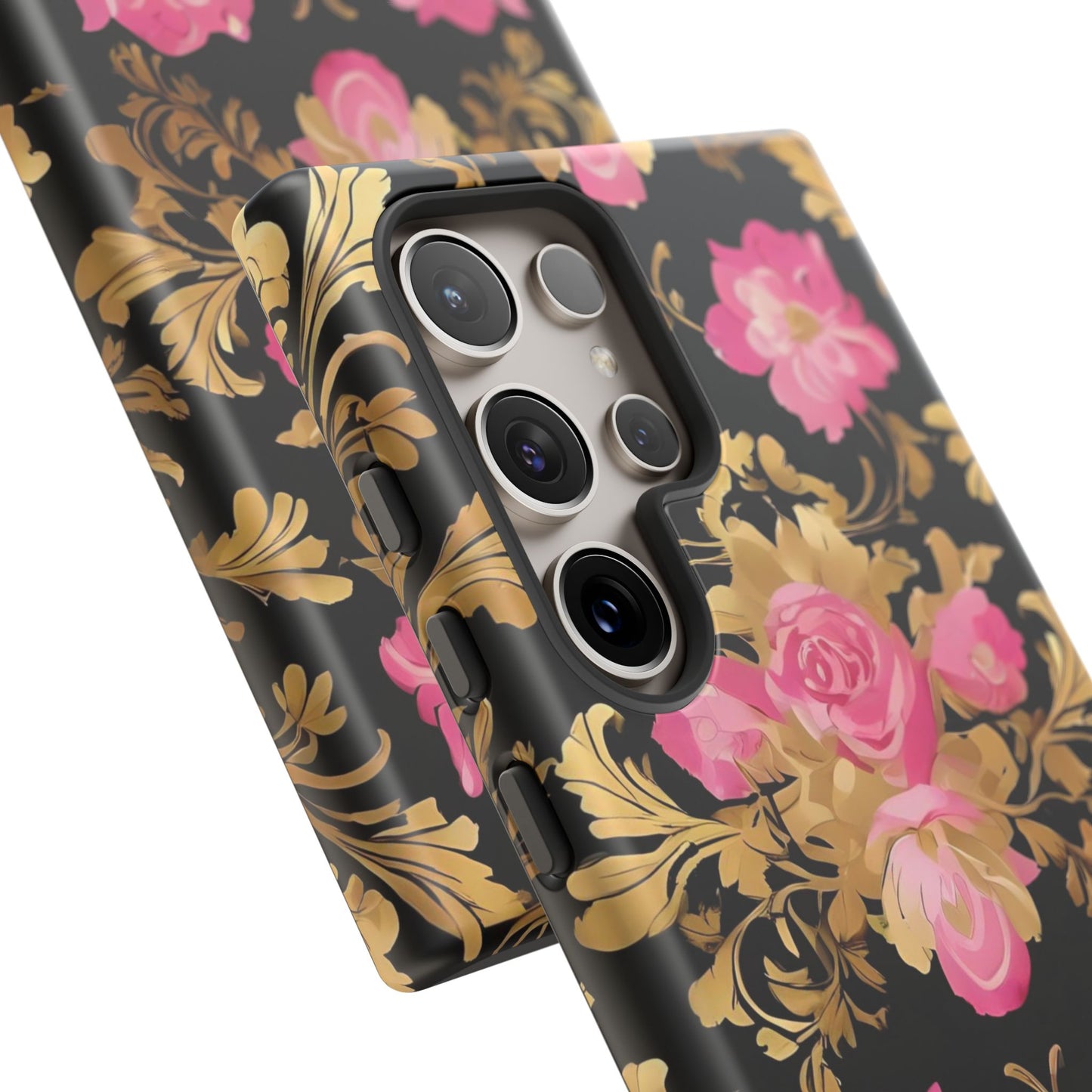 Elegant Floral Motif Phone Case - Tough Cases with Vintage Design - Pink & Gold Roses