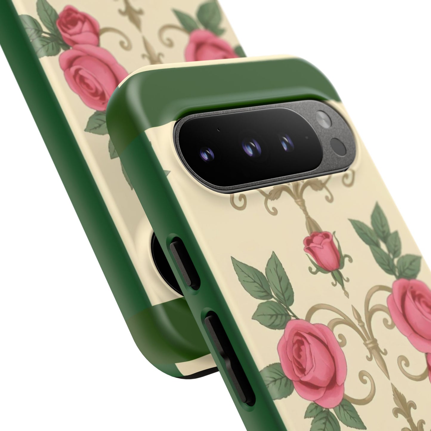 Elegant Floral Motif Phone Case - Tough Cases with Vintage Design - Green Border Roses & Damask