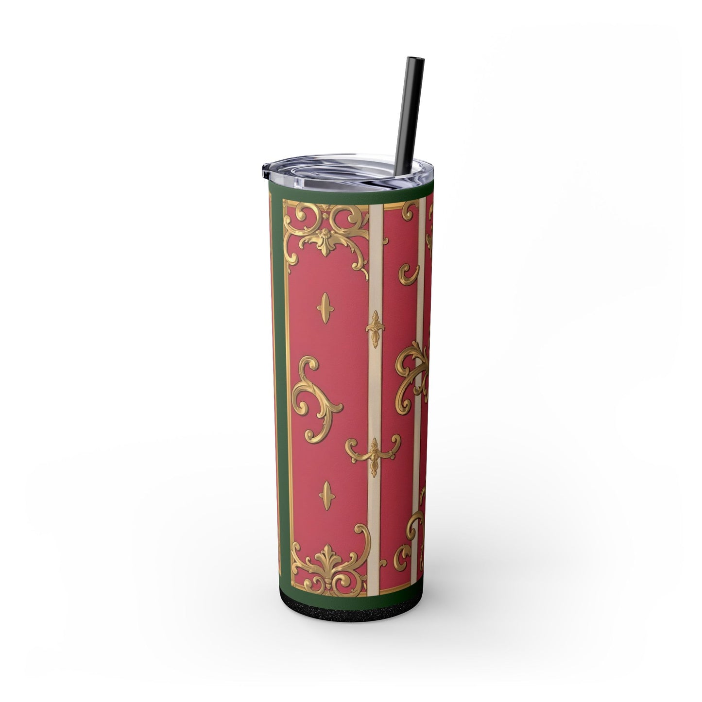 Elegant Green Border Pink Striped Baroque Skinny Tumbler with Straw, Reusable Travel Mug, Gift for Her, Fashionable Drinkware