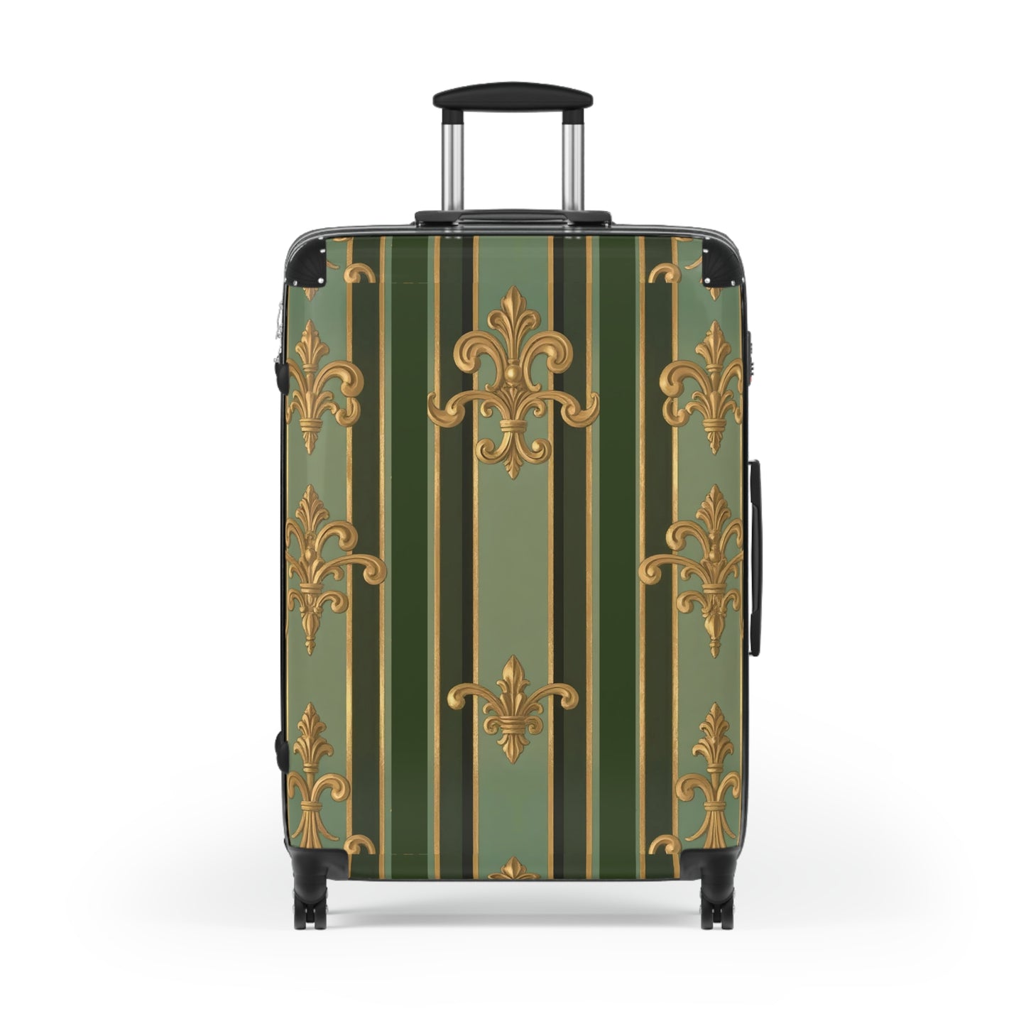 Elegant Travel Suitcase with Vintage Design, Personalized Luggage for Travelers, Monogrammed Carry-On - Green Striped Gold Baroque