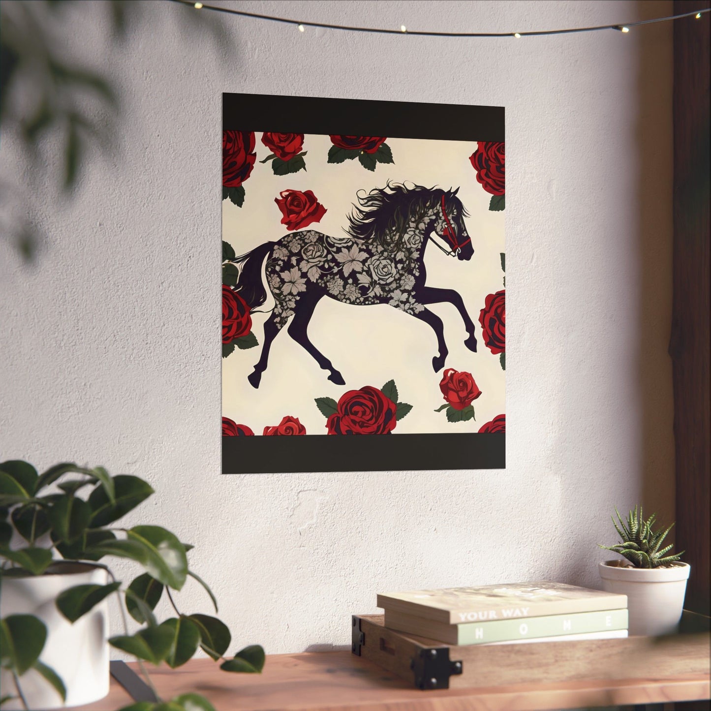Floral Motif Art Poster - Elegant Matte Vertical Wall Decor - Horse & Roses