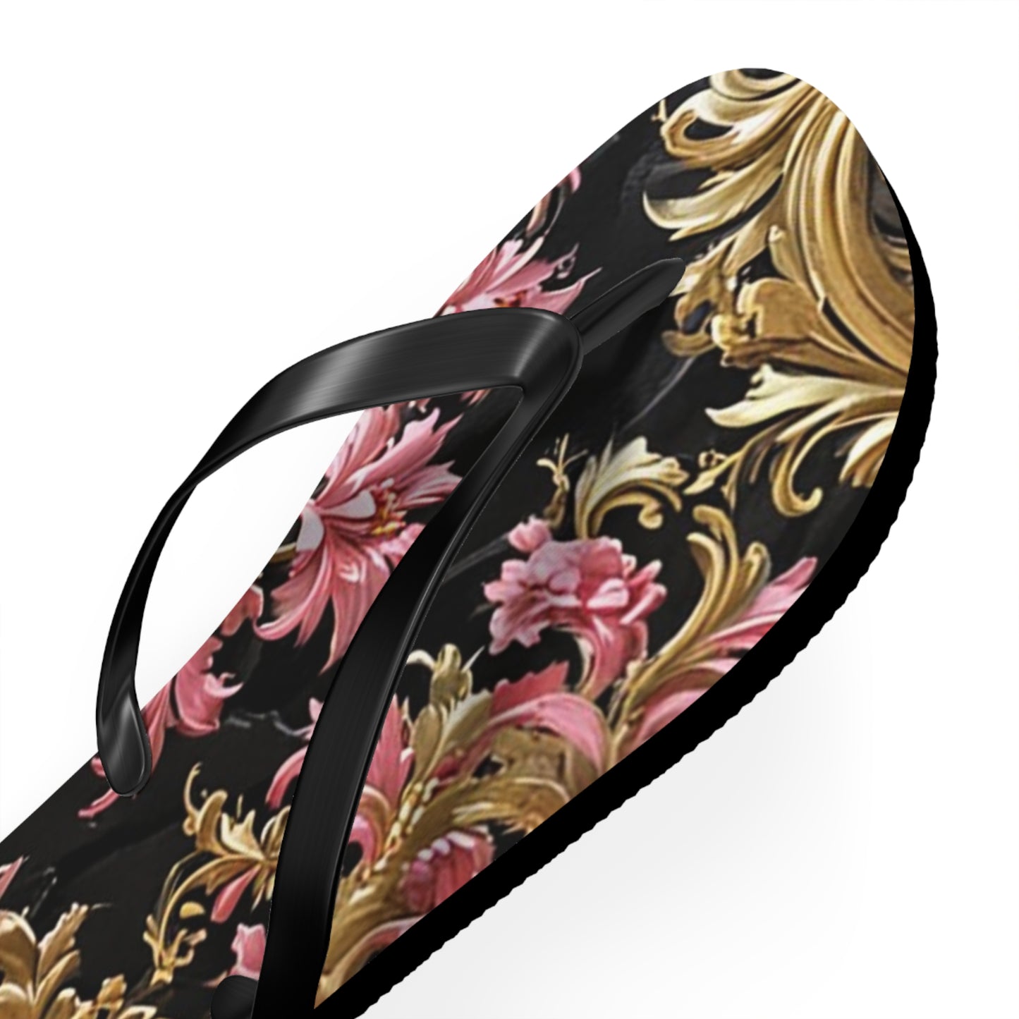 Elegant Floral Flip Flops - Summer Footwear, Beach Sandals, Vacation Accessories, Travel Essentials - Black & Pink Oil Painting Style Rococo
