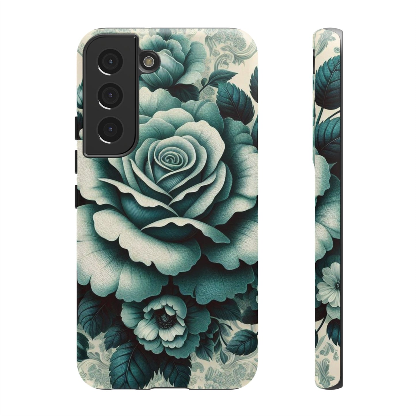 Elegant Floral Motif Phone Case - Tough Cases with Vintage Design - Teal Roses & Damask