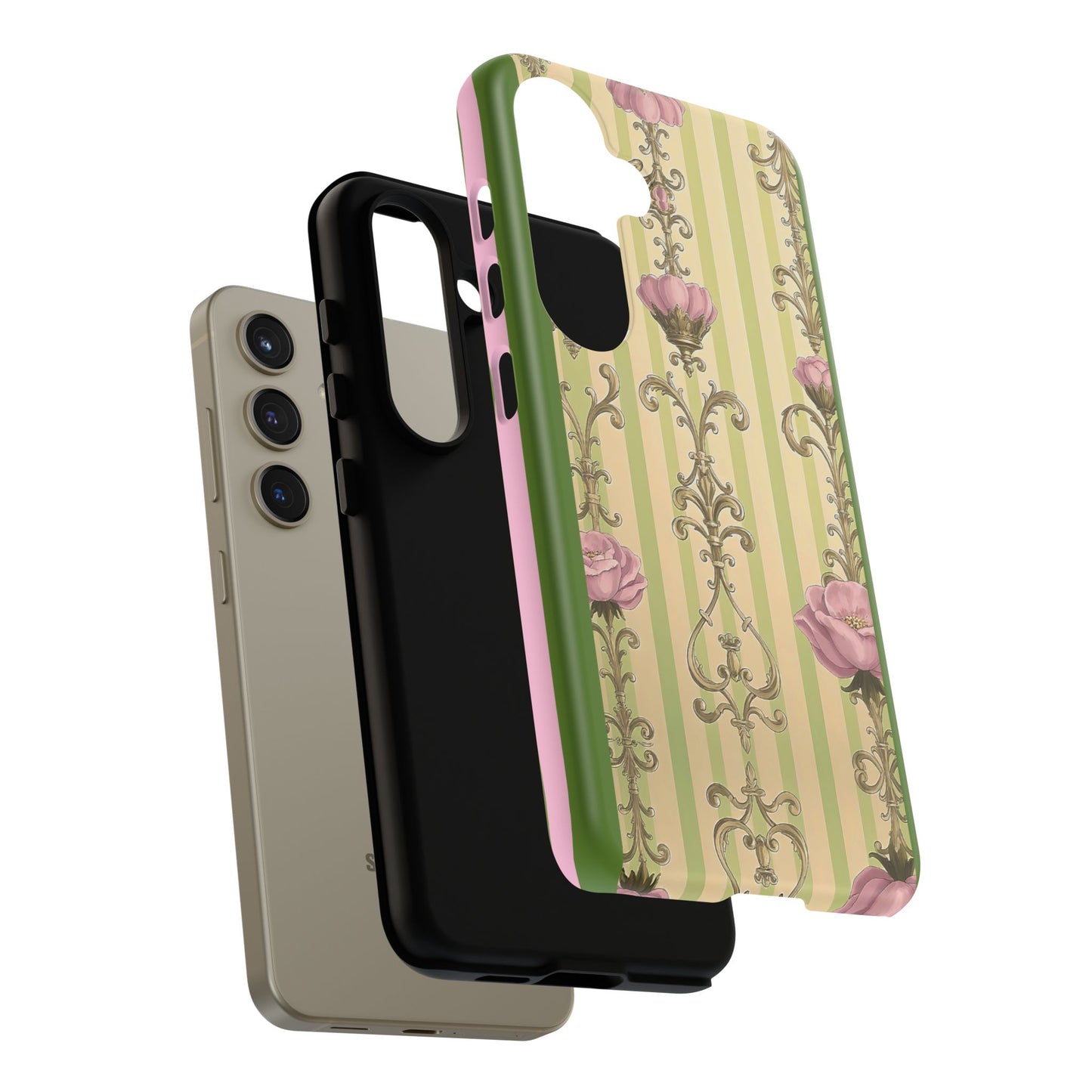 Elegant Floral Motif Phone Case - Tough Cases with Vintage Design - Lime Green & Pink Striped Damask