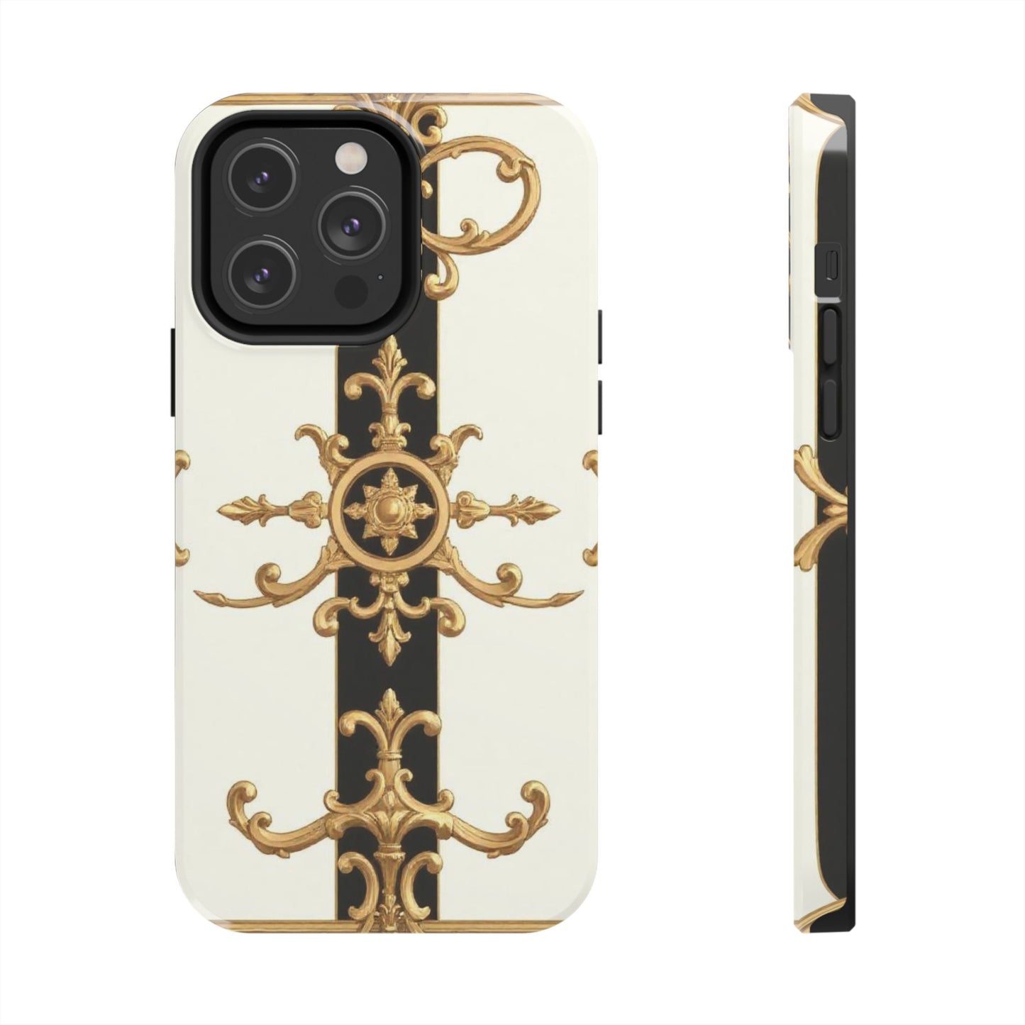 Elegant Baroque Tough Phone Case | Stylish Protection for Your Device, Gift for Her, Phone Accessories - Black & White Striped Gold Baroque