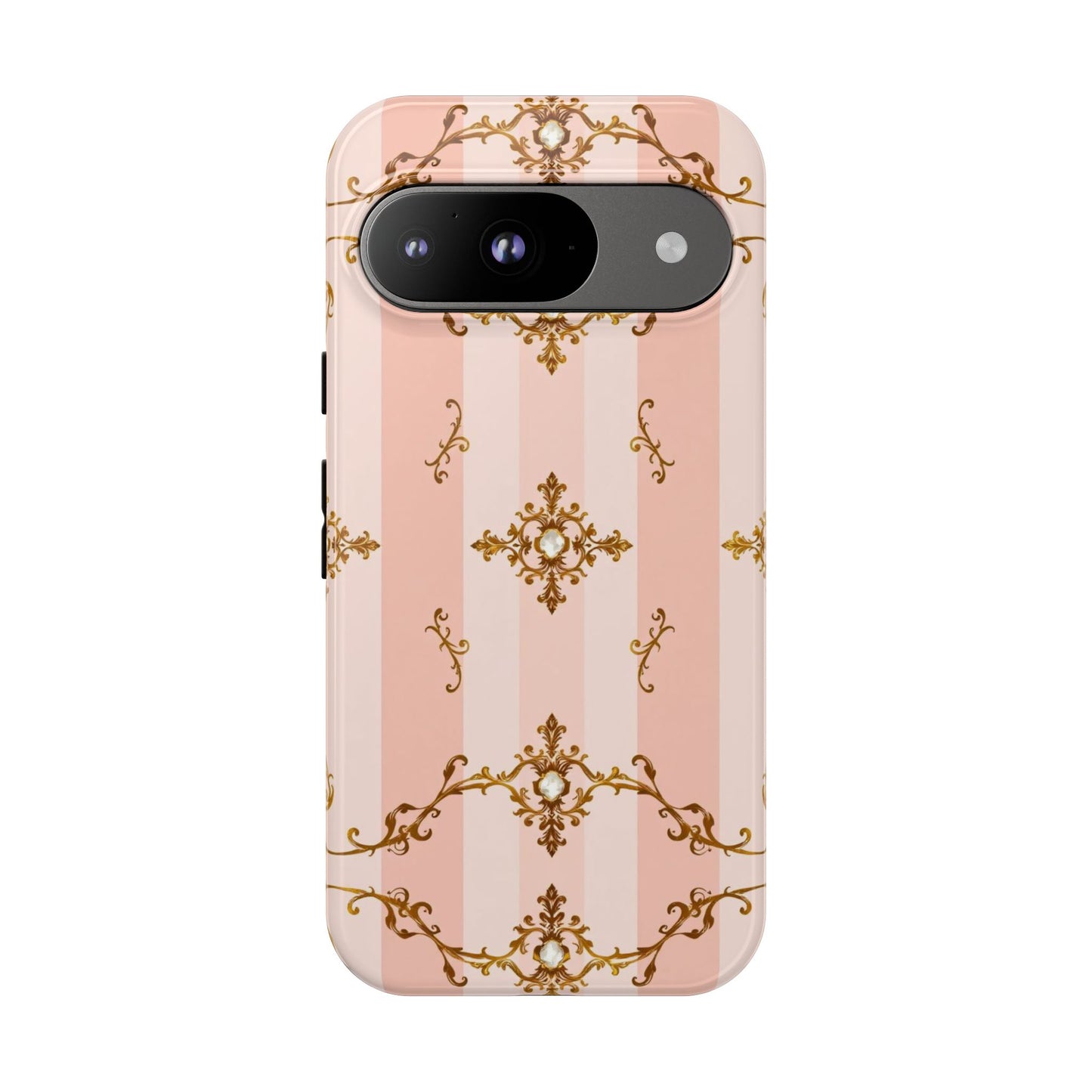 Elegant Floral Phone Case, Tough Cases for Women, Trendy Phone Cover, Chic Gift - Pink Jeweled Striped Gold Baroque