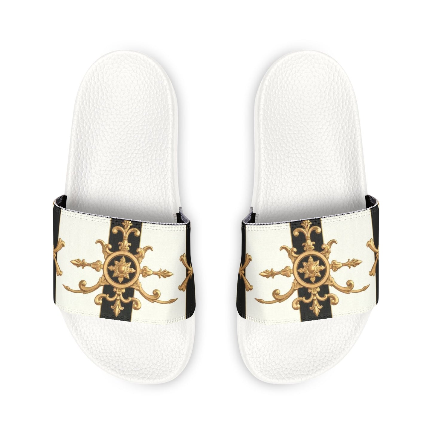 Stylish Women's Removable-Strap Sandals - Trendy Summer Slippers, Vacation Footwear, Casual Style - Black & White Striped Gold Baroque