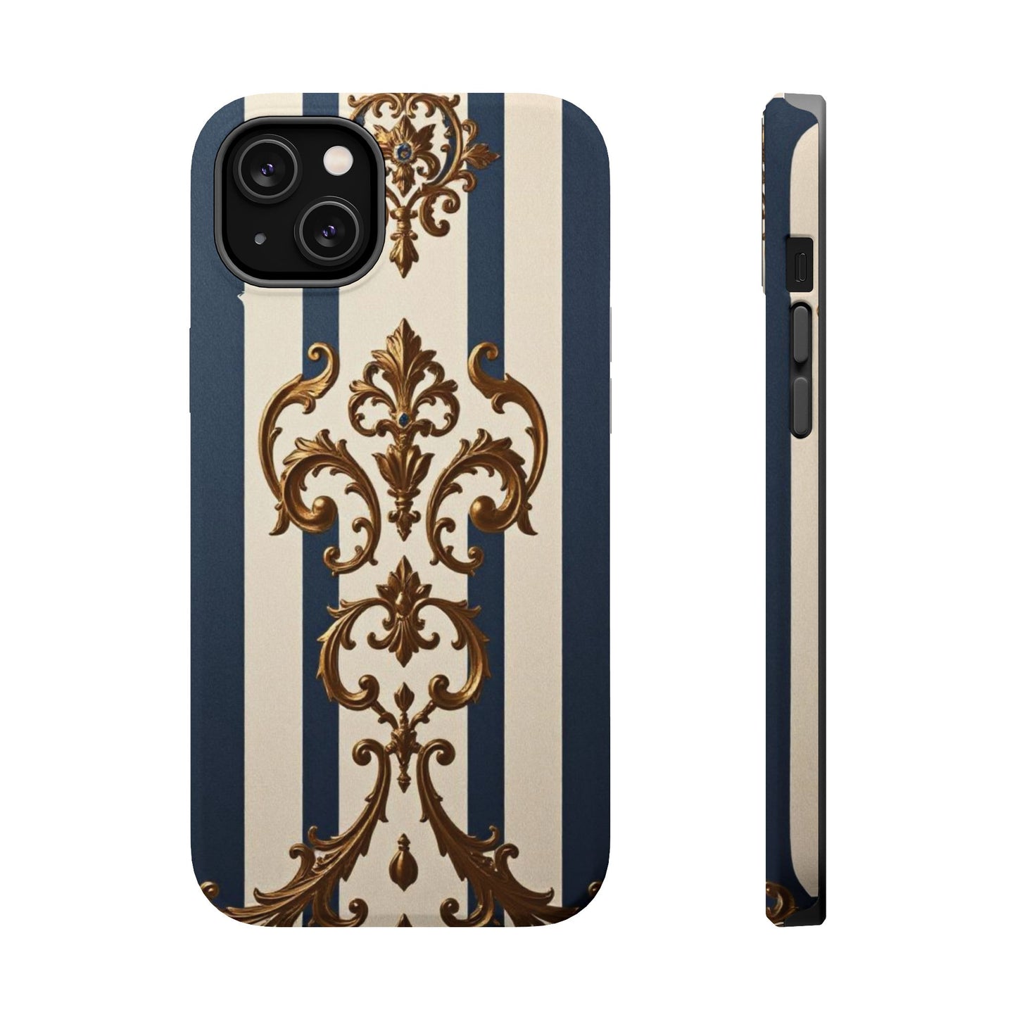 Elegant Striped Magnetic Tough Case - Classic Blue and Gold Damask Design