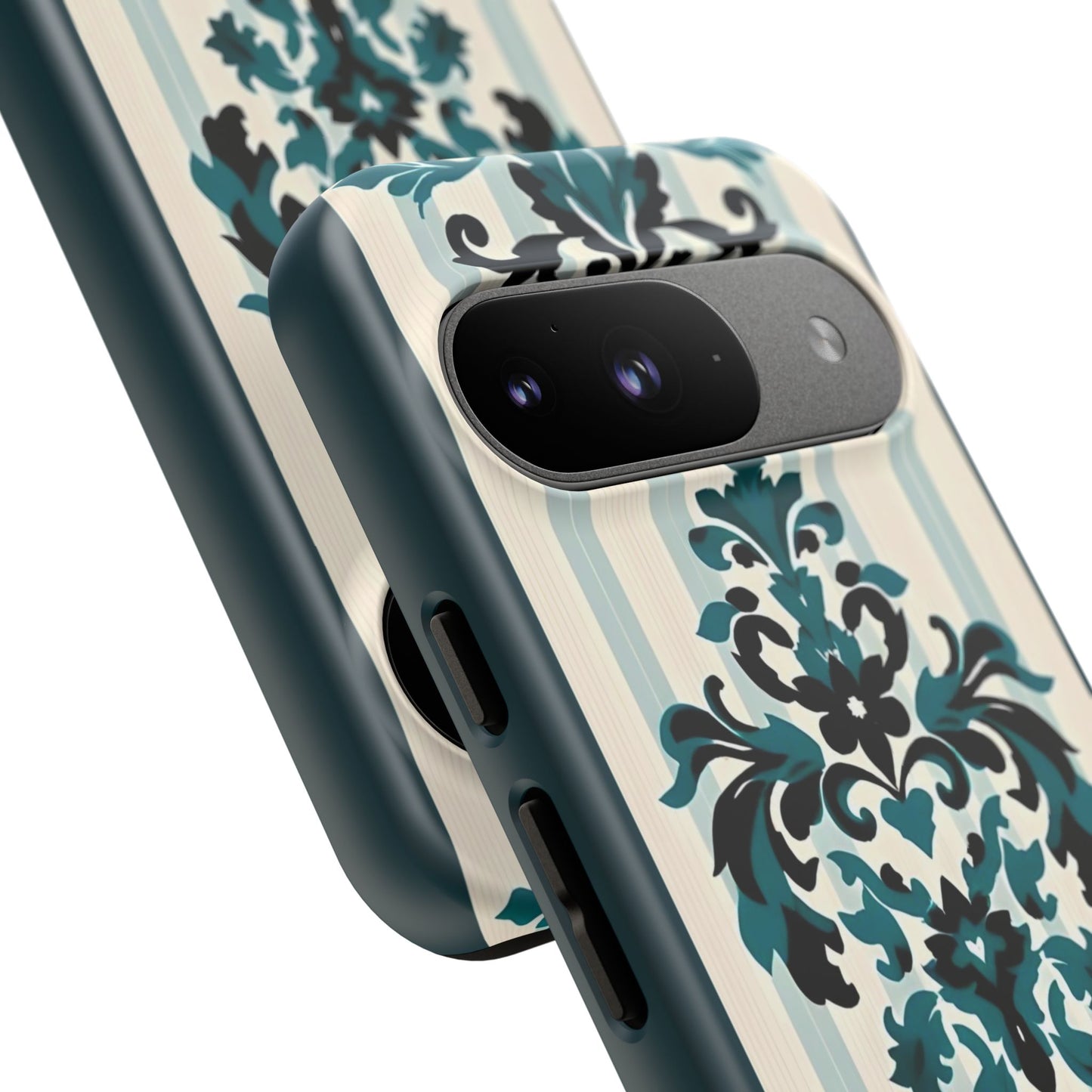 Elegant Floral Phone Case - Tough Cases with Vintage Design - Teal Striped Damask
