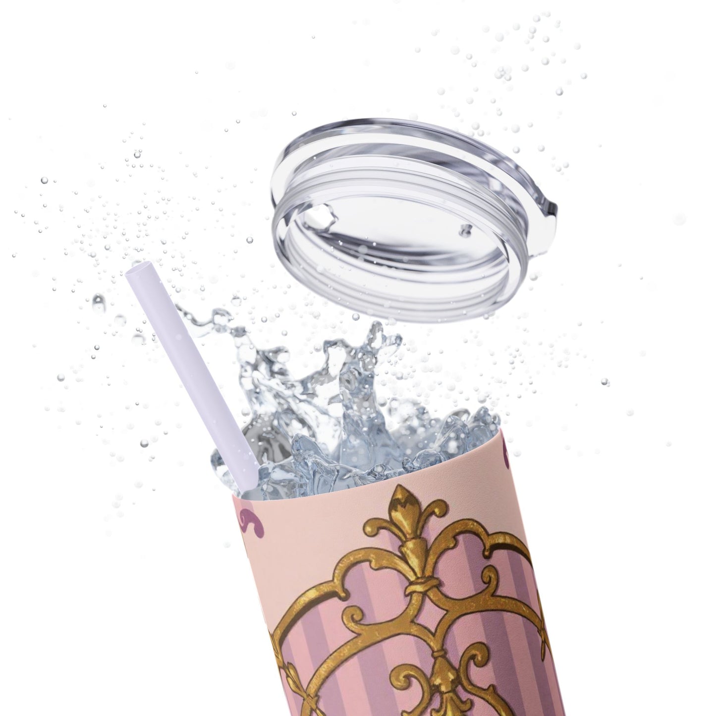 Elegant Lavender & Alabaster Striped Gold Baroque Tumbler - Insulated 20oz Skinny Cup with Straw, Ideal for Gifts, Parties, and Daily Use