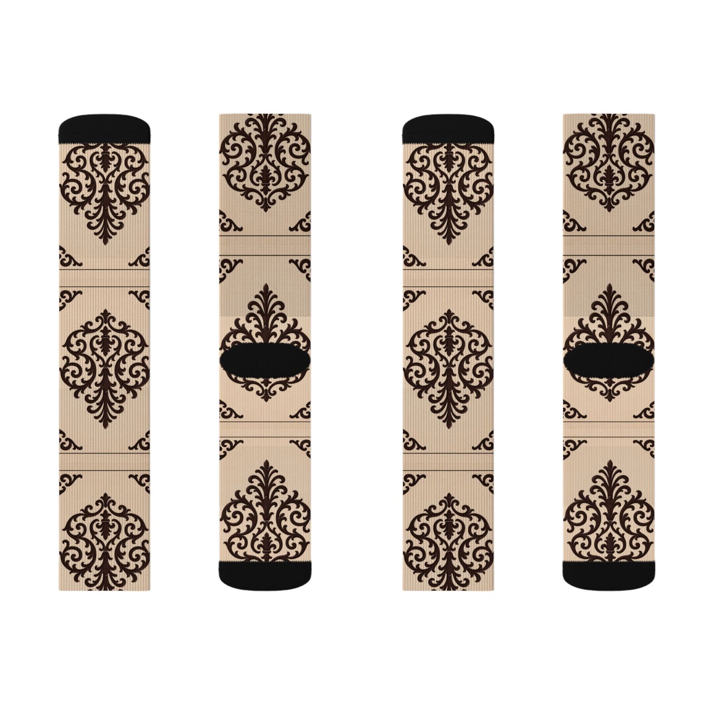 Almond-Beige & Brown Baroque Sublimation Socks – Vintage Baroque Pattern Crew Socks
