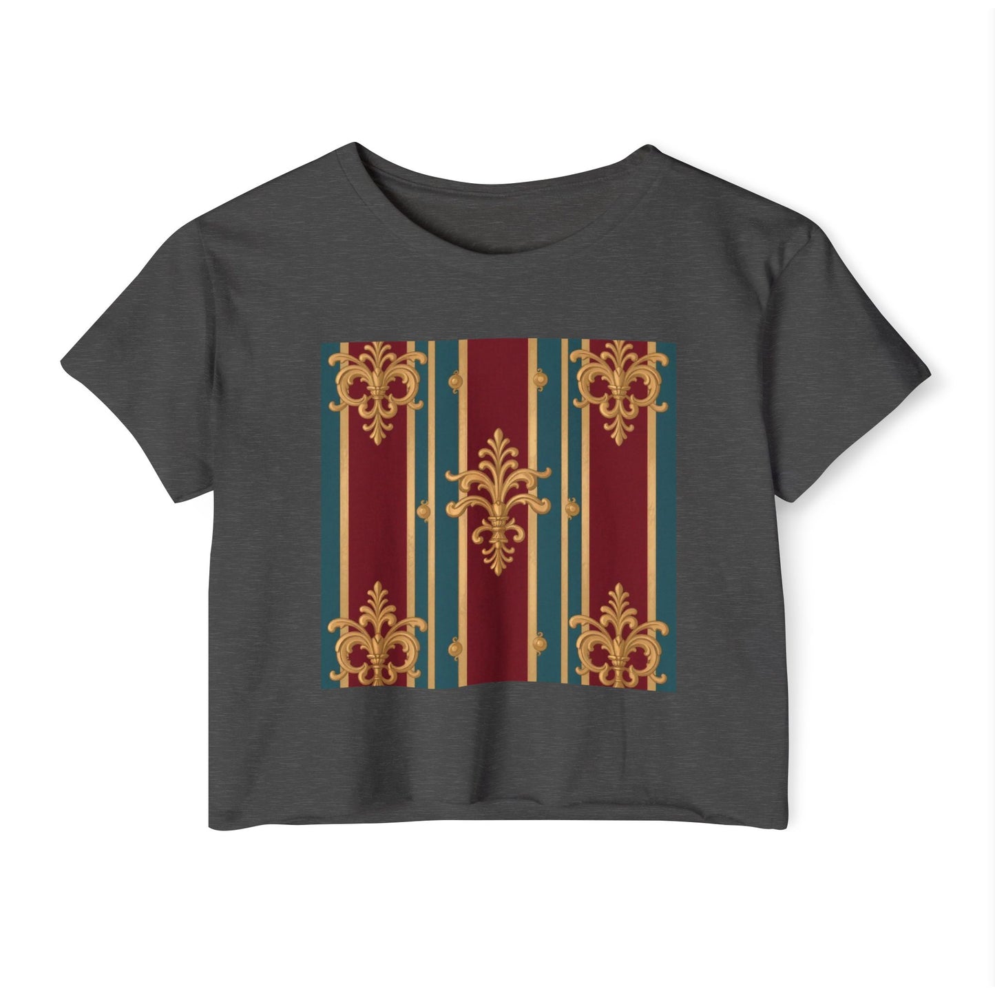 Baroque Chic Festival Crop Top | Women’s Floral Summer Tee, Outdoor Concert Wear, Vacation Top - Burgundy Striped Gold Baroque