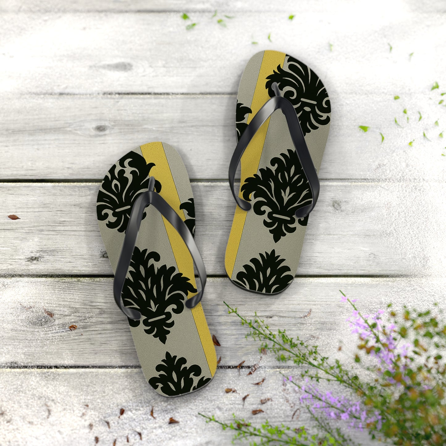 Stylish Flip Flops - Summer Sandals for Beach, Vacation, and Casual Wear - Silver & Gold Striped Black Baroque