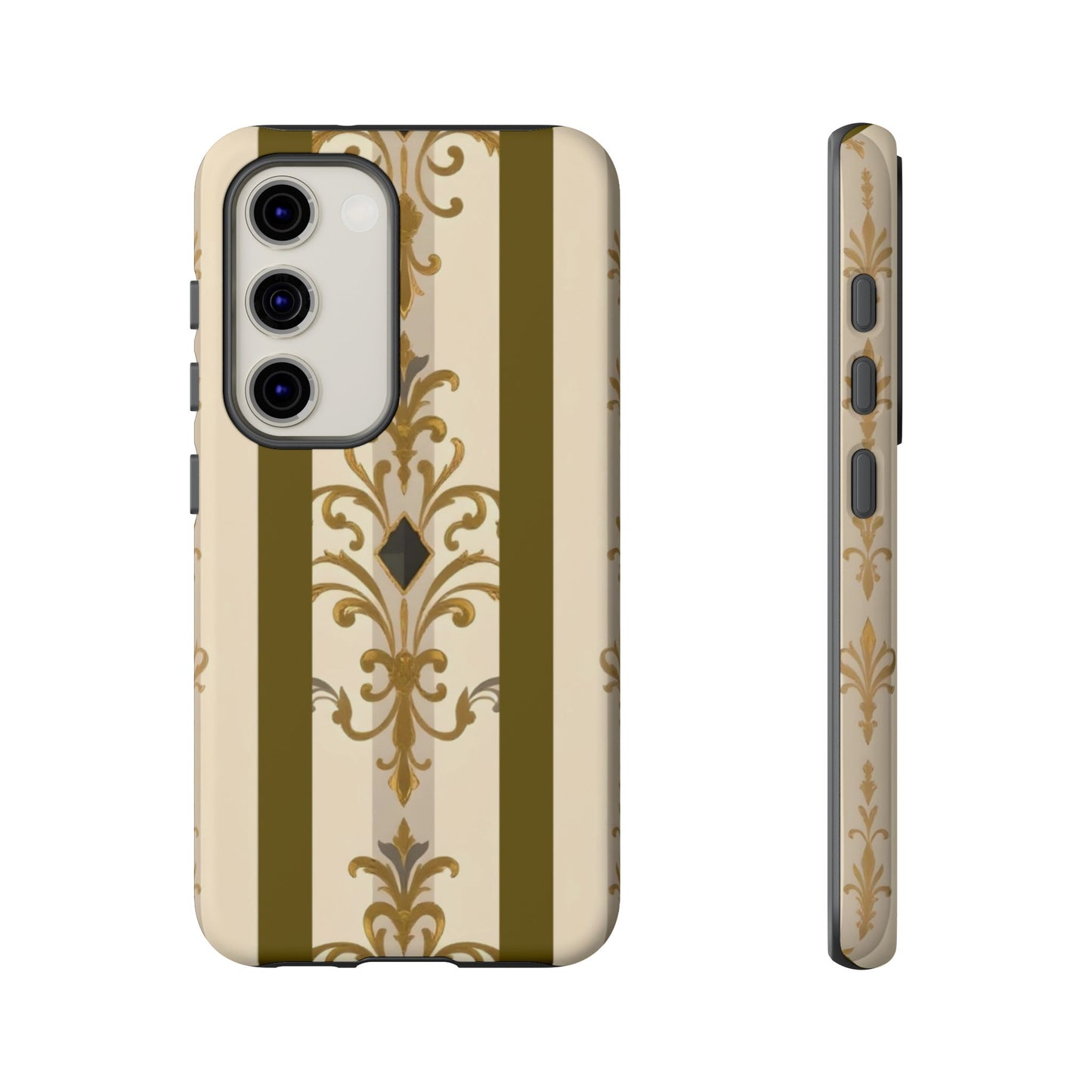 Elegant Floral Motif Phone Case - Tough Cases with Vintage Design - Olive Striped Gold Damask
