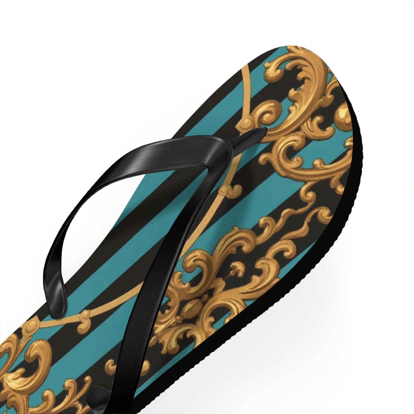 Elegant Turquoise & Black Striped Gold Baroque Patterned Flip Flops for Beach, Summer Vibes, Vacation Essentials, Stylish Footwear