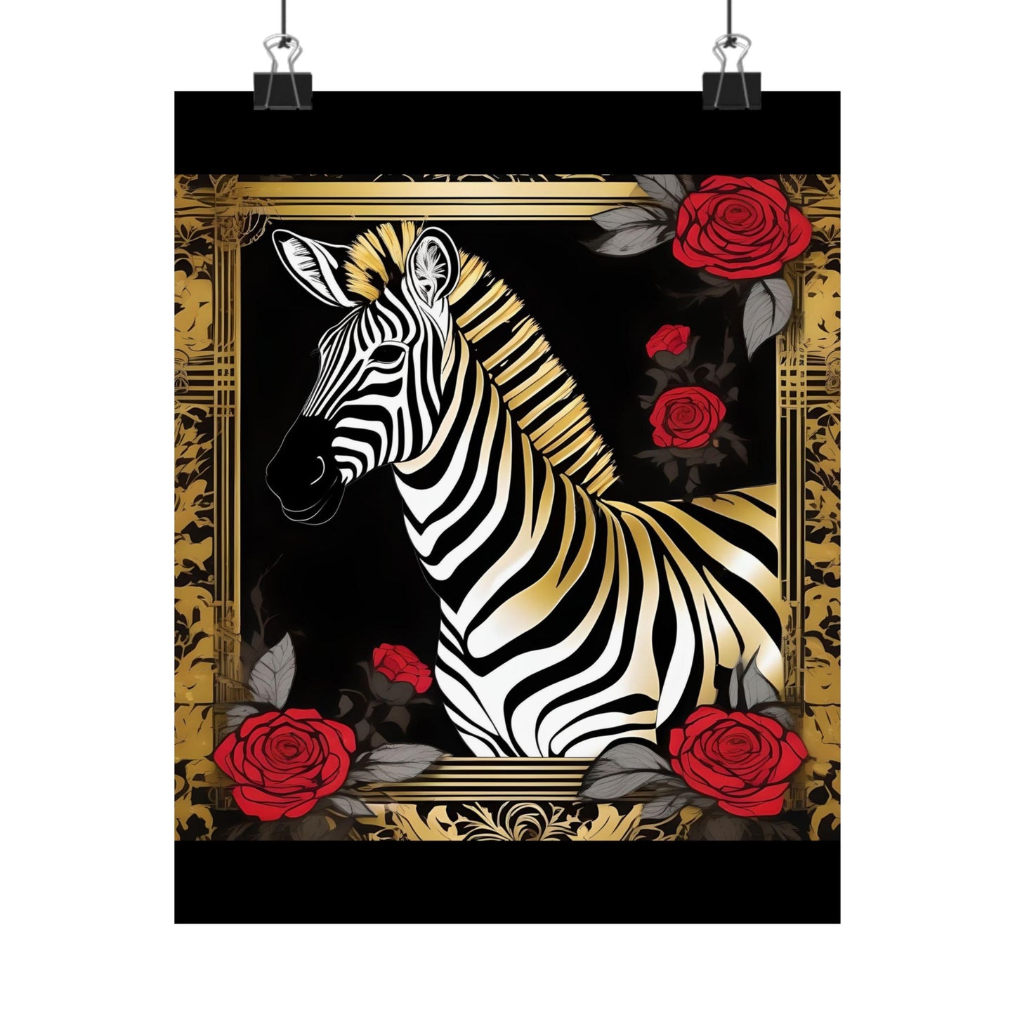 Floral Art Poster - Elegant Matte Vertical Wall Decor - Zebra With Roses