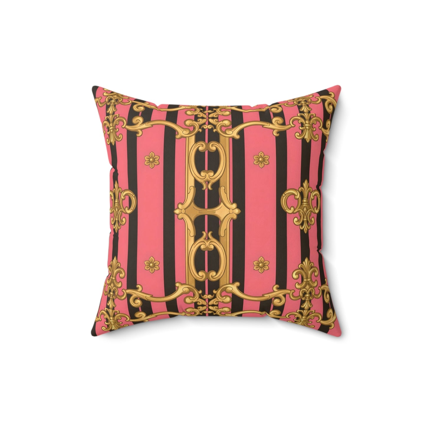 Ornate Faux Suede Pillow, Baroque Decor, Couch Cushion, Glamorous Throw Pillow - Pink & Black Striped Gold Baroque