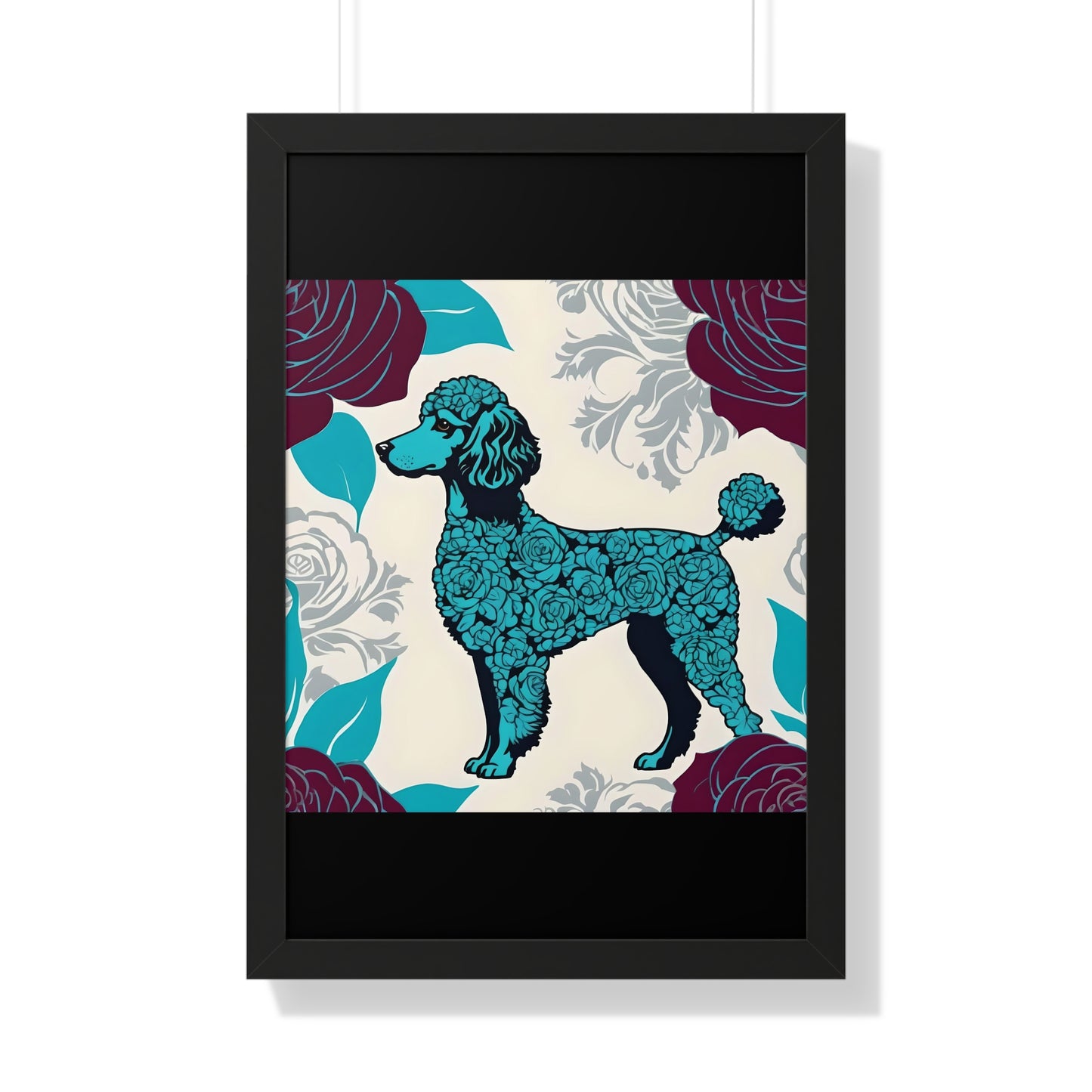 Vertical Poster - Stylish Framed - Art for Home Decor - Rose Inspired Turquoise Poodle With Burgundy Roses
