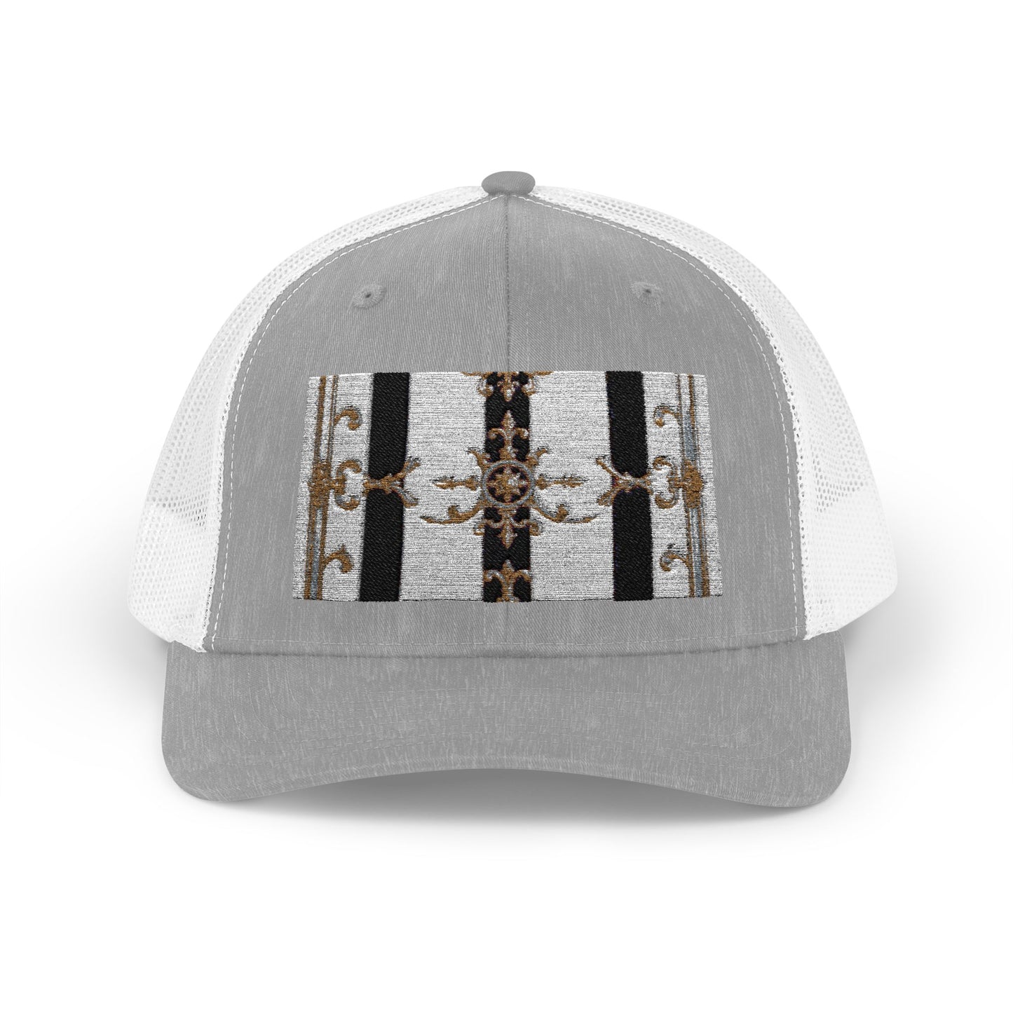 Trendy Snapback Trucker Cap, Casual Fashion Hat, Summer Accessory, Gift Idea for Cool Teens, Outdoor Activities - Black & White Striped Gold Baroque
