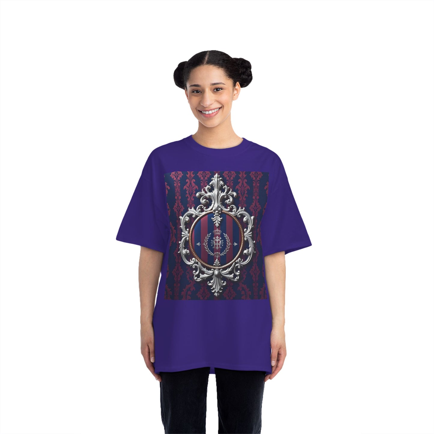 Elegant Unisex Graphic T-Shirt - Vintage Inspired, Casual Wear, Unique Gift, Art Tee, Fashion Statement - Blue & Plum Striped Silver Crest