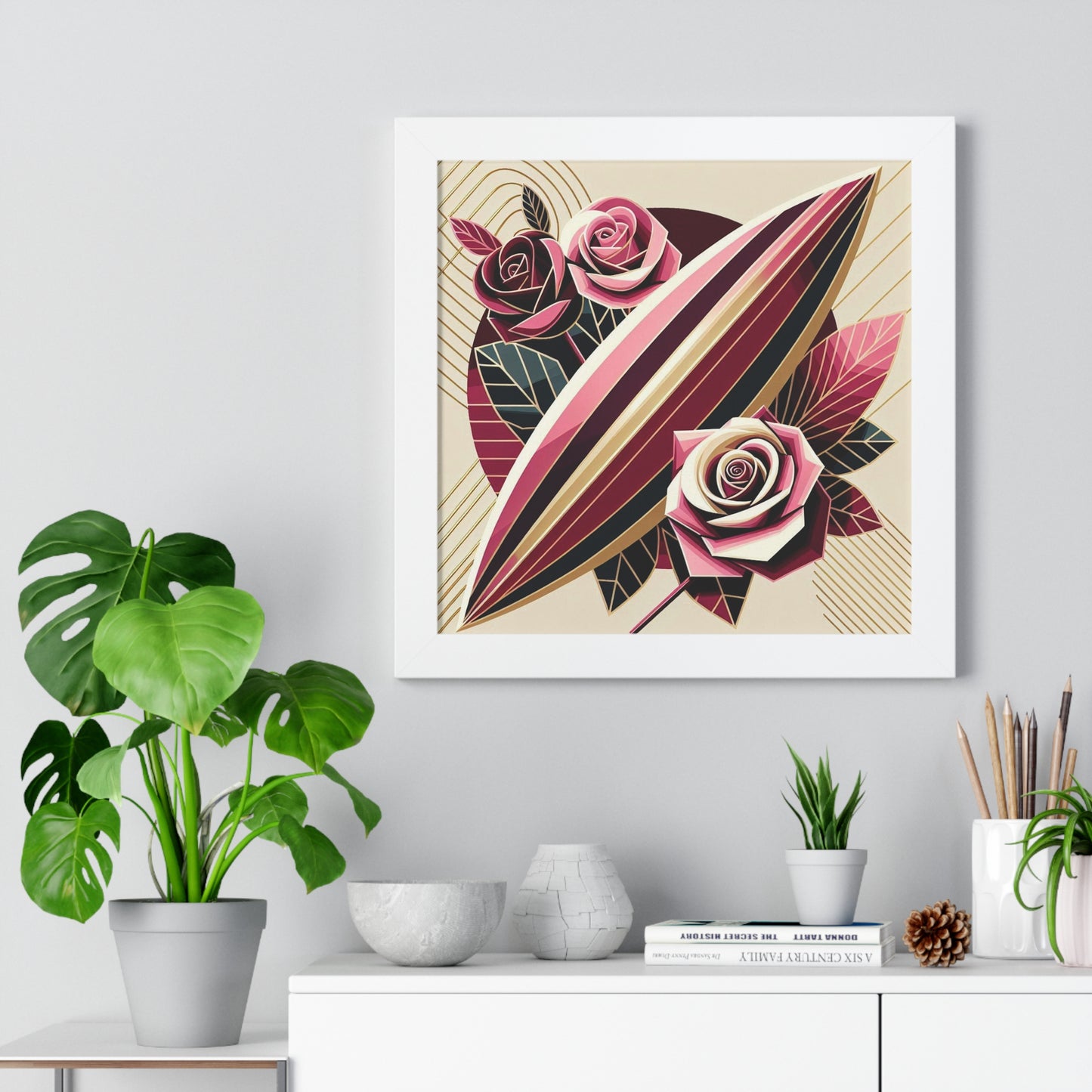 Vertical Poster - Pink & Burgundy Striped Surfboard & Roses Wall Art