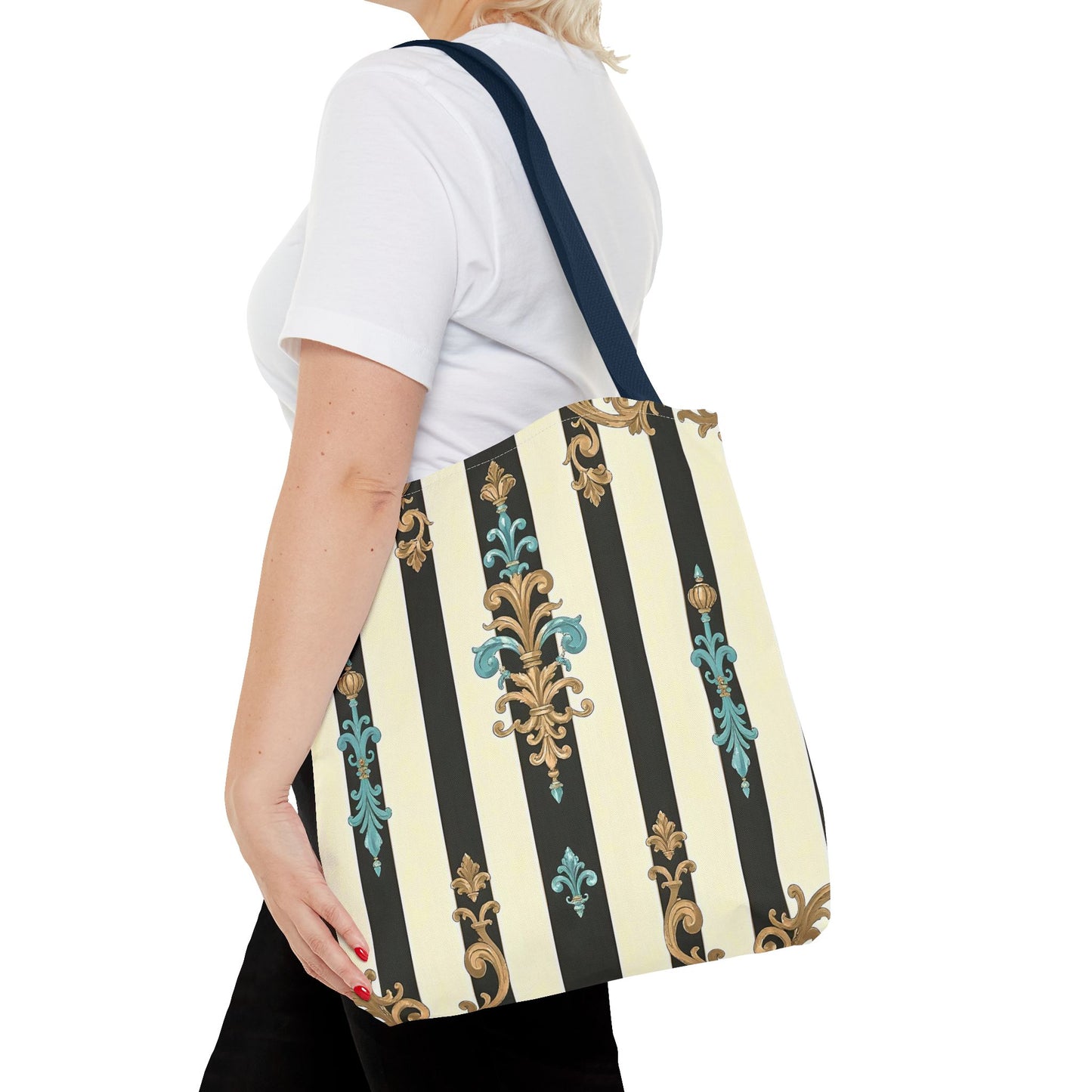 Elegant Stripe Pattern Tote Bag | Fashionable Reusable Shopping Tote, Eco-Friendly Gift Bag - Black Striped Turquoise & Black Rococo