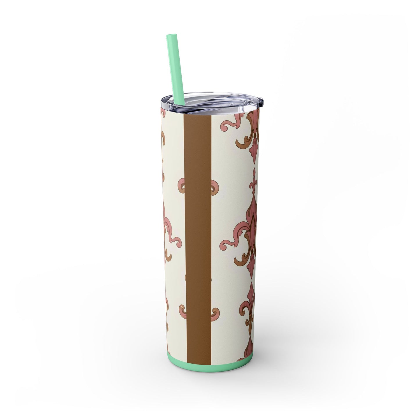 Elegant Floral Skinny Tumbler, 20oz Drinkware, Stylish Travel Mug, Wedding Gift, Personalized Gift, Eco-Friendly Cup - Brown Striped Pink Arabesque