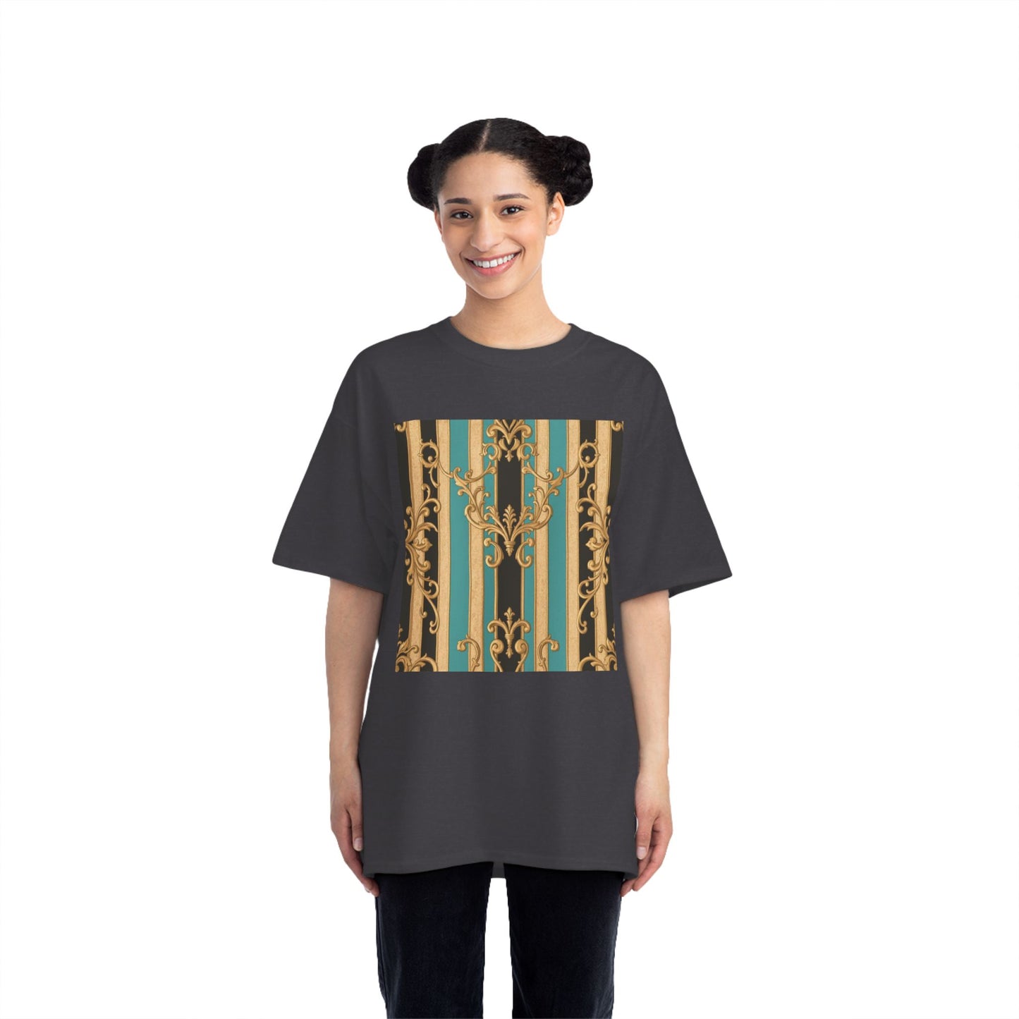 Chic Black, Tan & Ocean Green Striped Gold Baroque Vintage Pattern T-Shirt - Art Shirt, Stylish Casual Wear, Gifts & Everyday Fashion