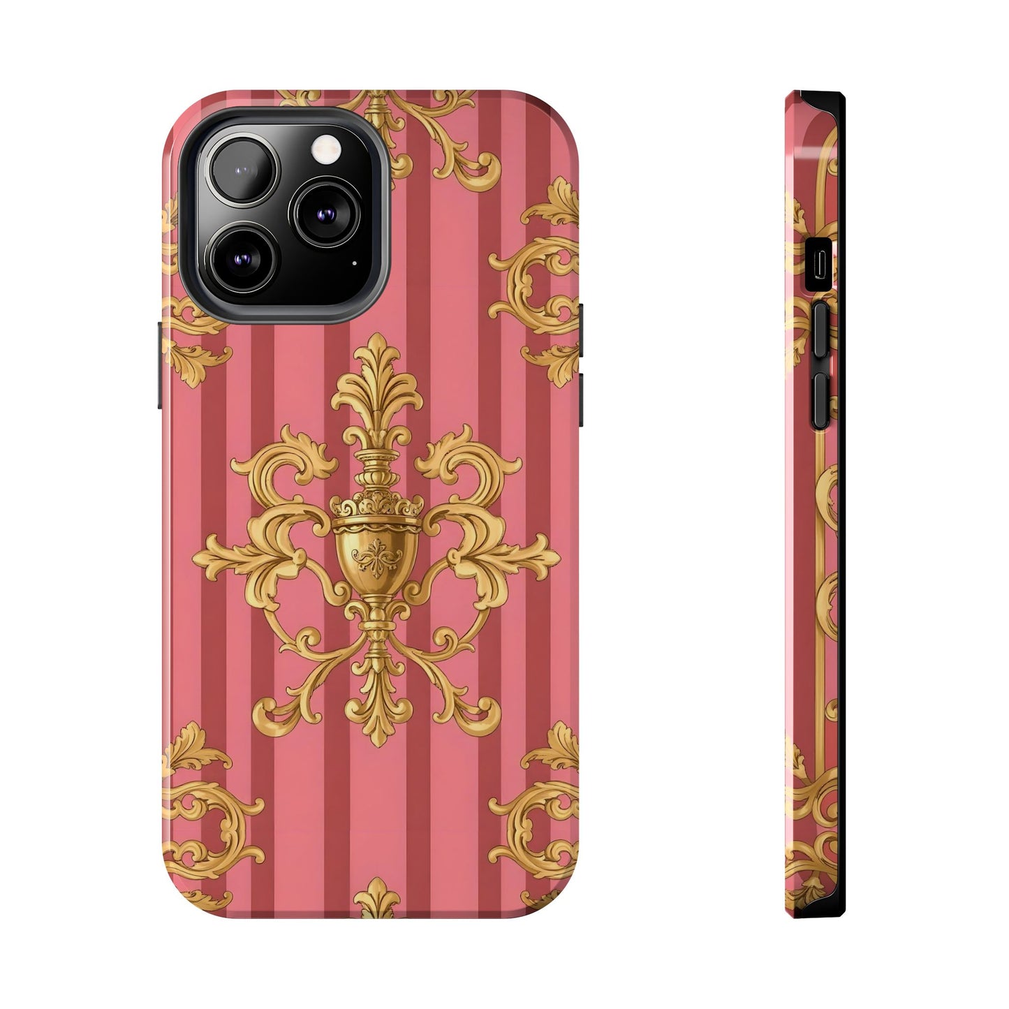 Elegant Baroque Tough Phone Cases, Durable Phone Cover, Stylish Accessory, Gift for Any Occasion - Pink Striped Gold Baroque