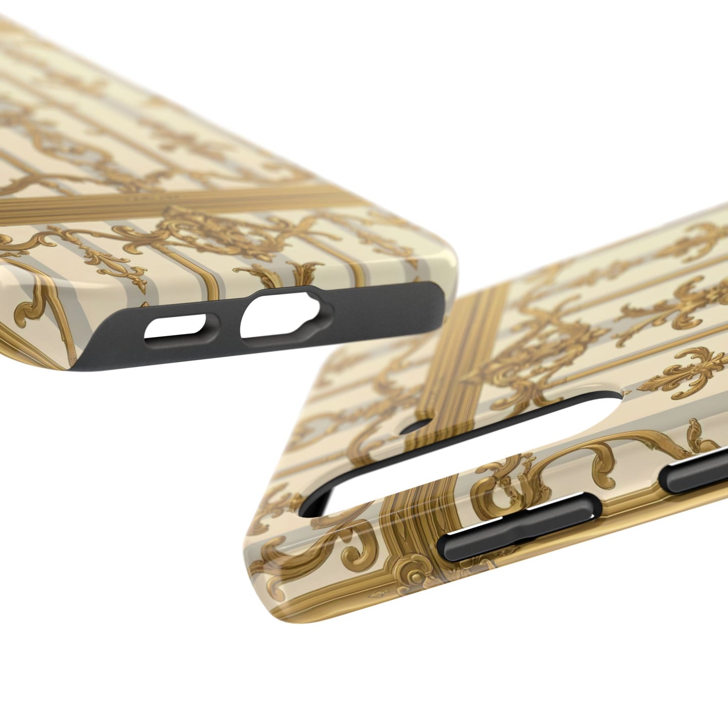 Elegant Gold Pattern Tough Phone Cases | Stylish Phone Covers, Trendy Cell Phone Accessories - Matte Gray & Cream Striped Gold Baroque