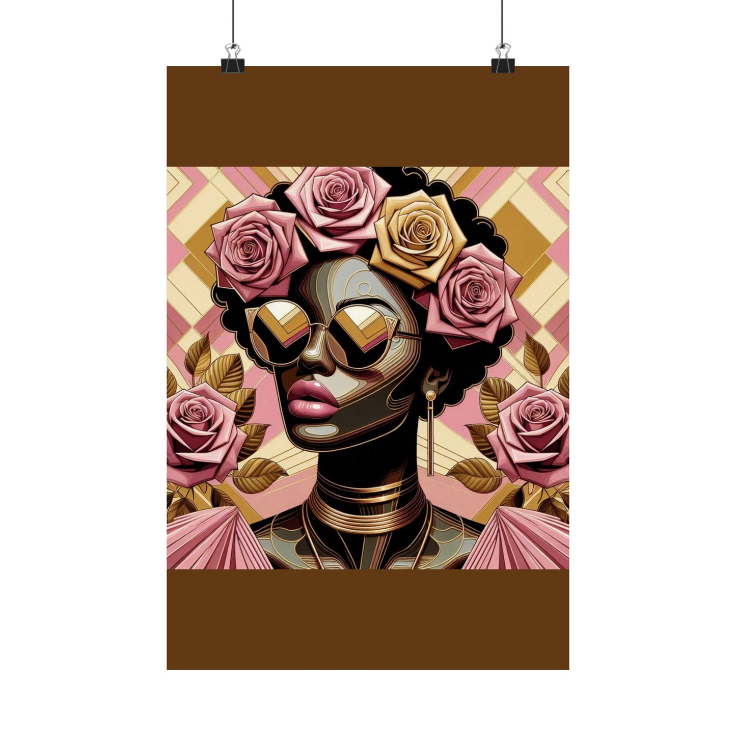 Elegant Satin Poster | Black Woman Art Print | Floral Decor | Modern Wall Art | Home Decor | Gift for Her | Pink Roses Lady
