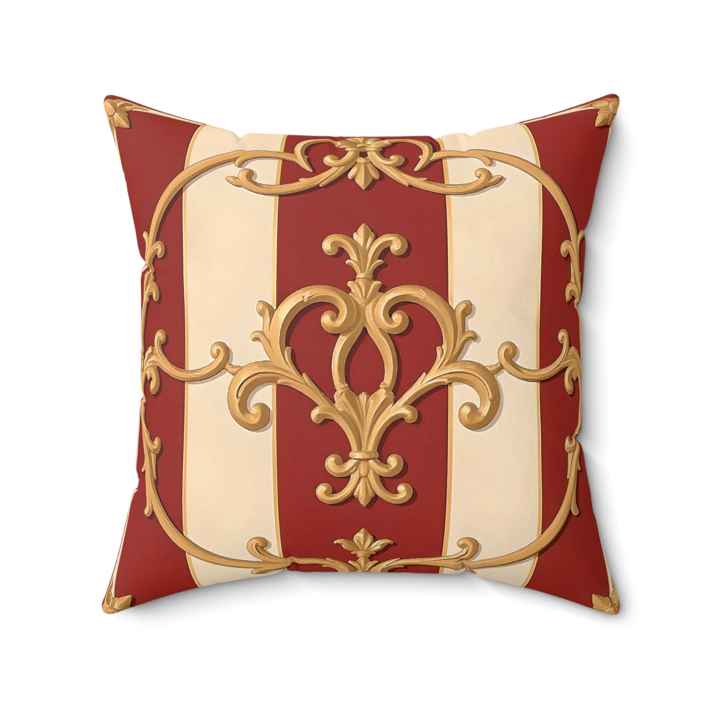 Elegant Faux Suede Square Pillow with Gold Ornate Design - Alabaster & Dusk Orange Striped Baroque