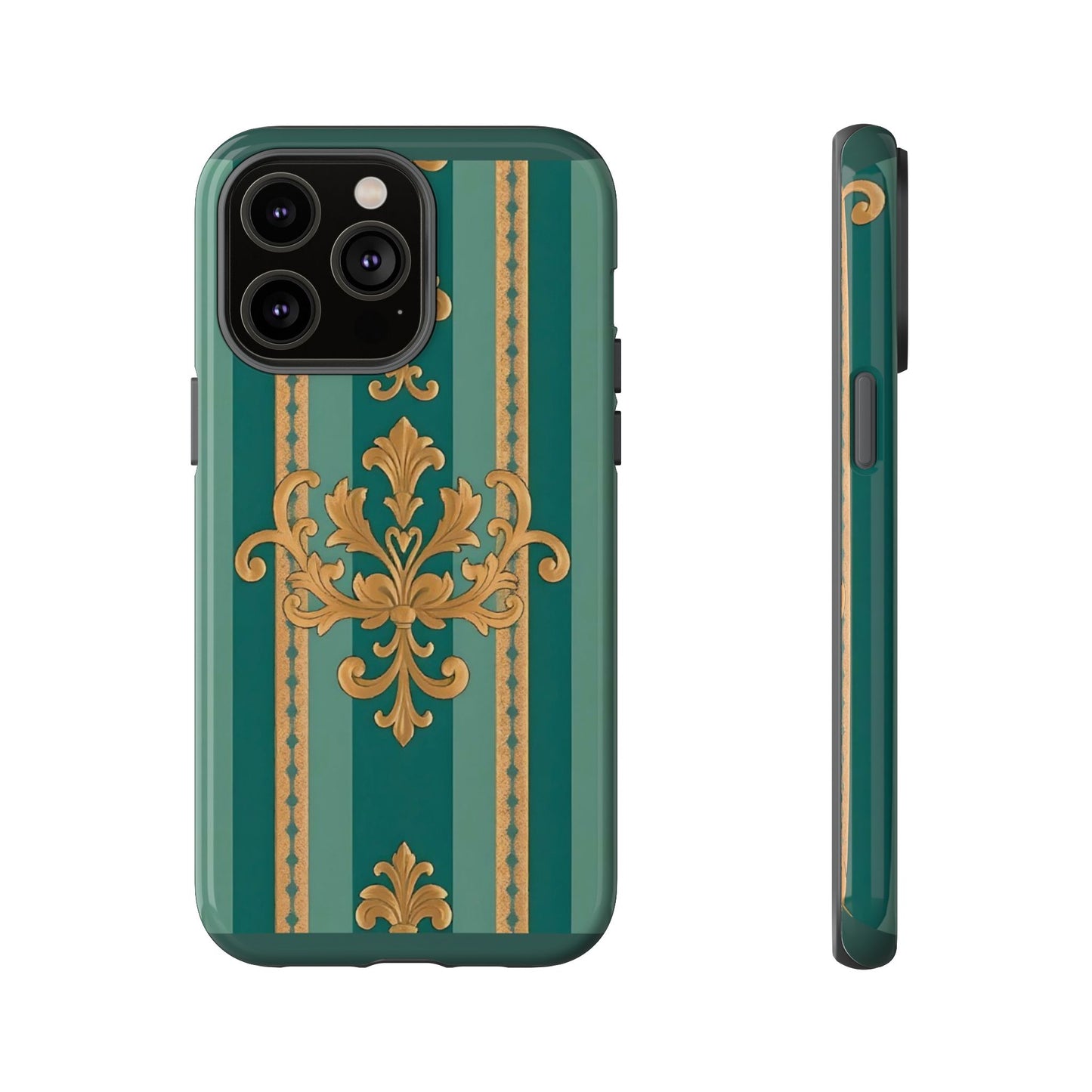 Elegant Floral Motif Phone Case - Tough Cases with Vintage Design - Teal Striped Gold Damask