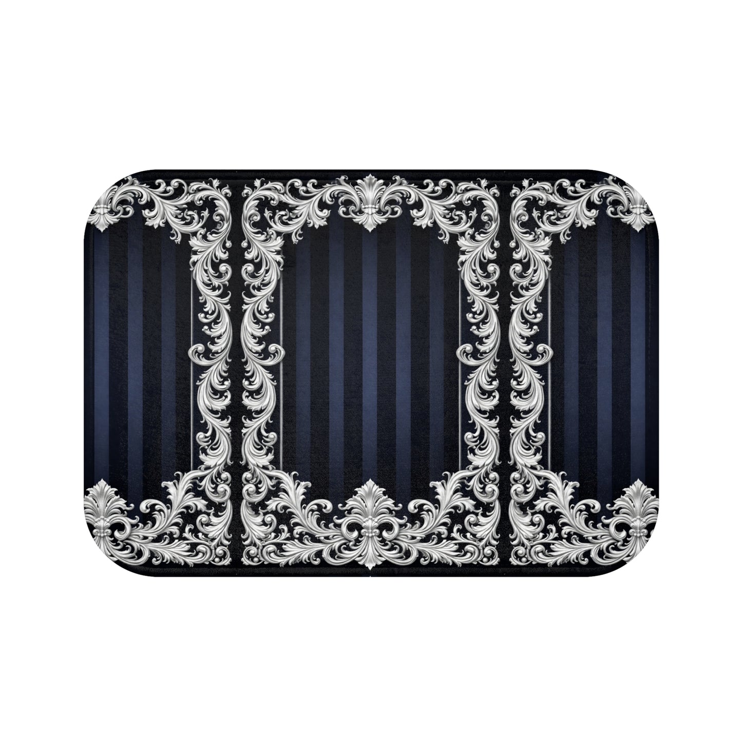 Elegant Navy Stripes & Baroque Bath Mat — Navy & Silver Ornate Bathroom Rug