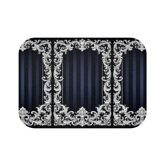 Elegant Navy Stripes & Baroque Bath Mat — Navy & Silver Ornate Bathroom Rug